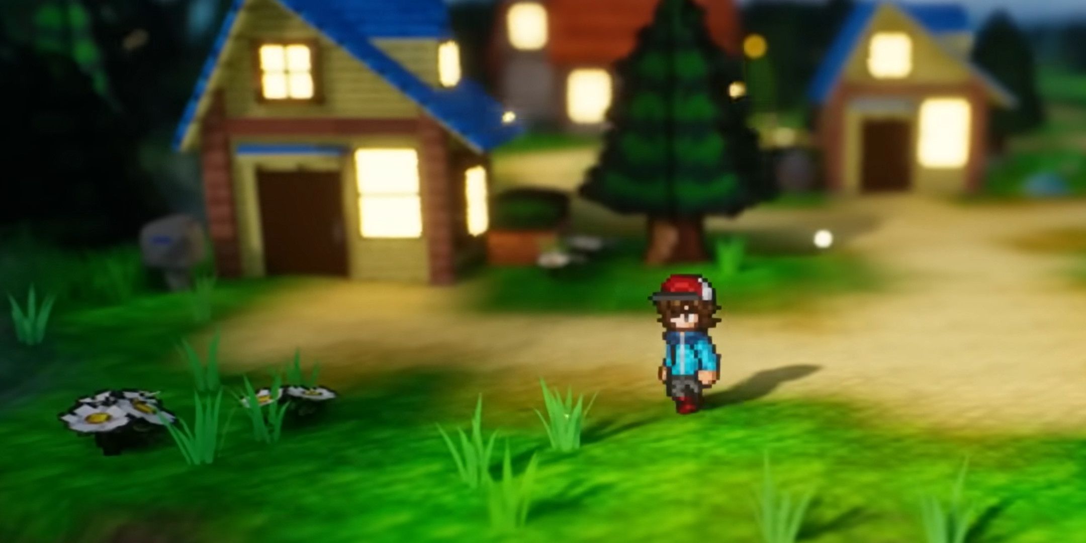 A Pokemon trainer stood next to a house and tree in the evening