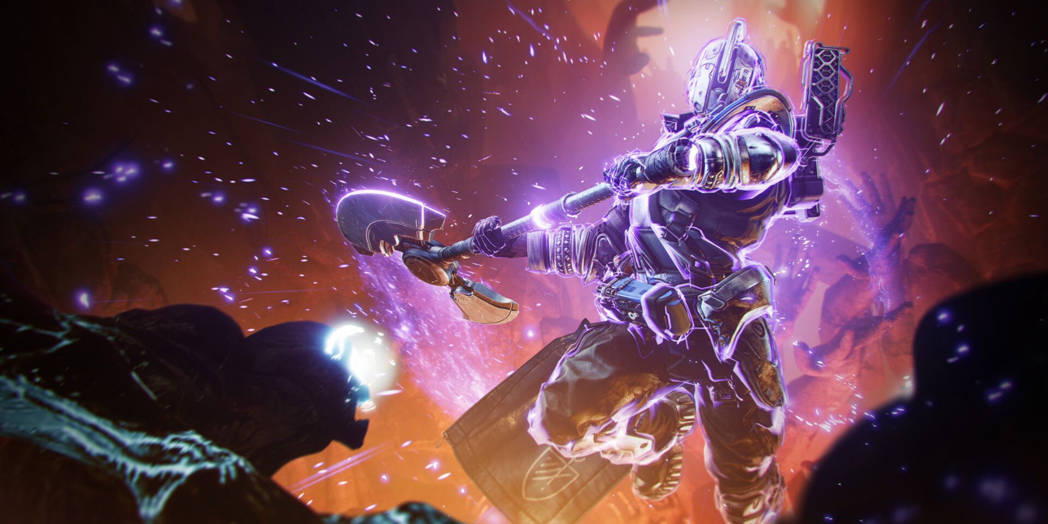 A person in silver armor that's glowing purple jumping into battle while holding a battleaxe