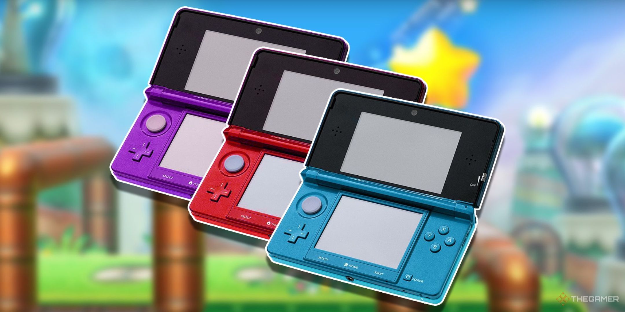 Three Nintendo 3DS handheld consoles: one purple, one red, and one teal, with a still image of Kirby Planet Robobot in the background.