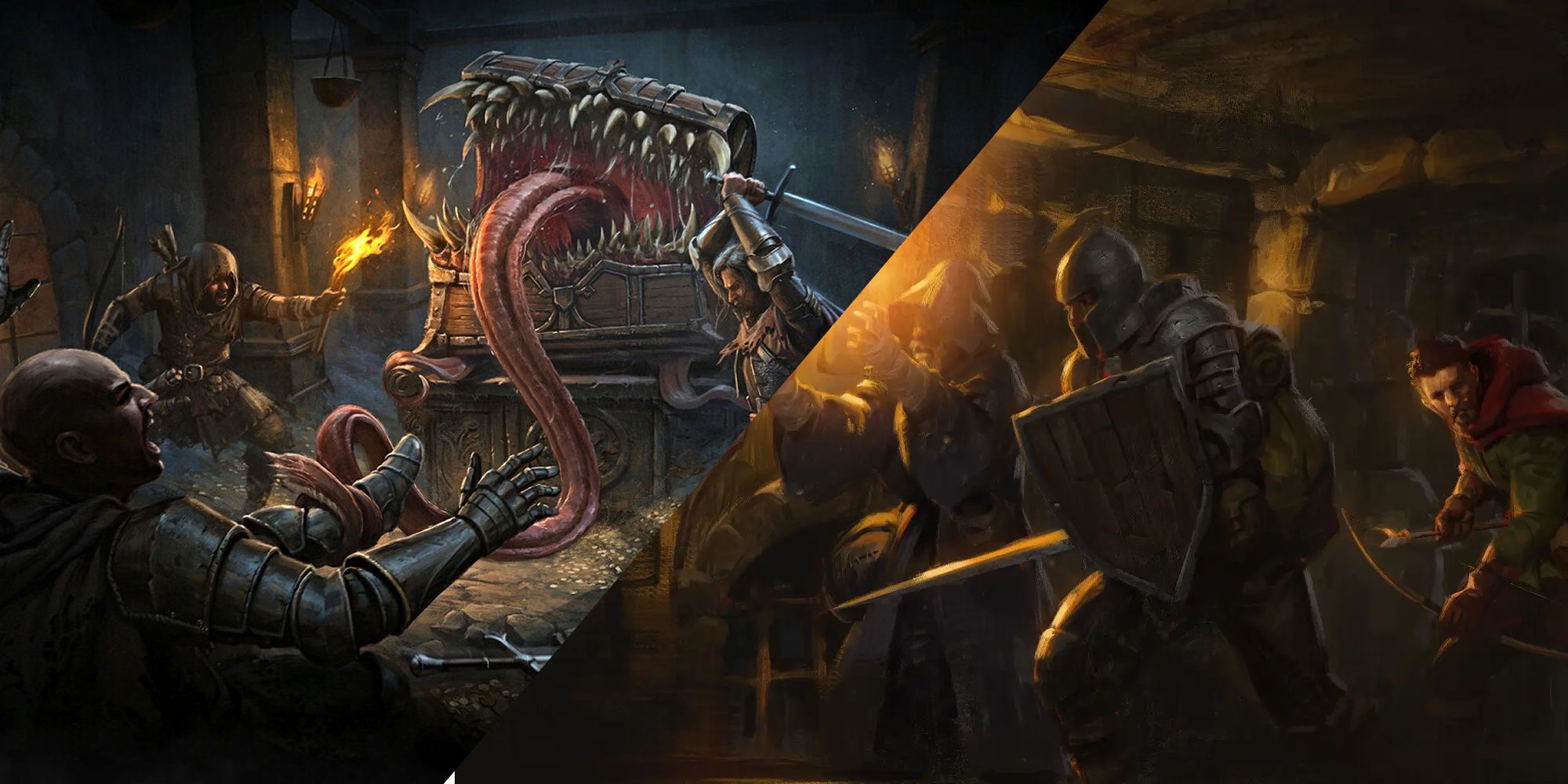 A Split Image Featuring Adventurer Artwork FRom Dungeonborne And Dark And Darker