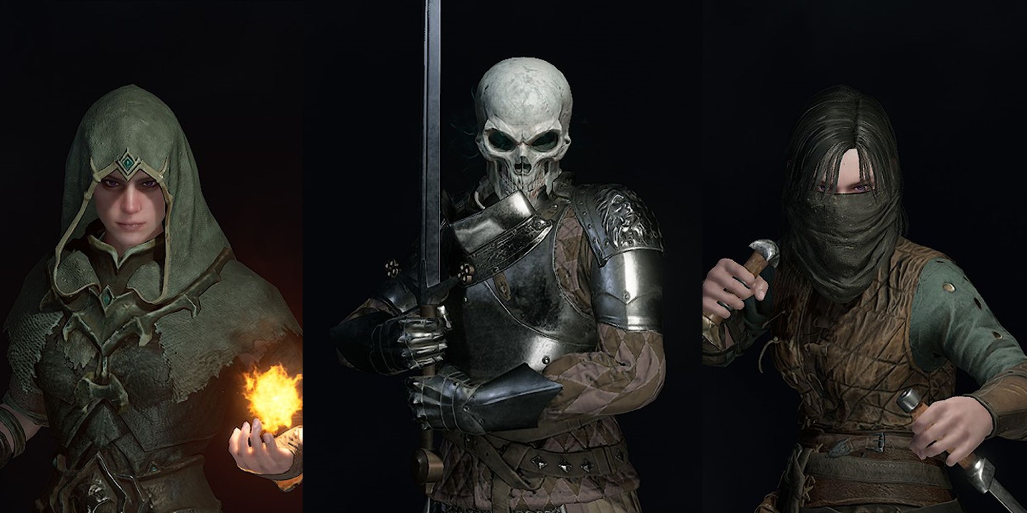 A split image showing the Dungeonborne classes Pyromancer, Death Knight, and Rogue.