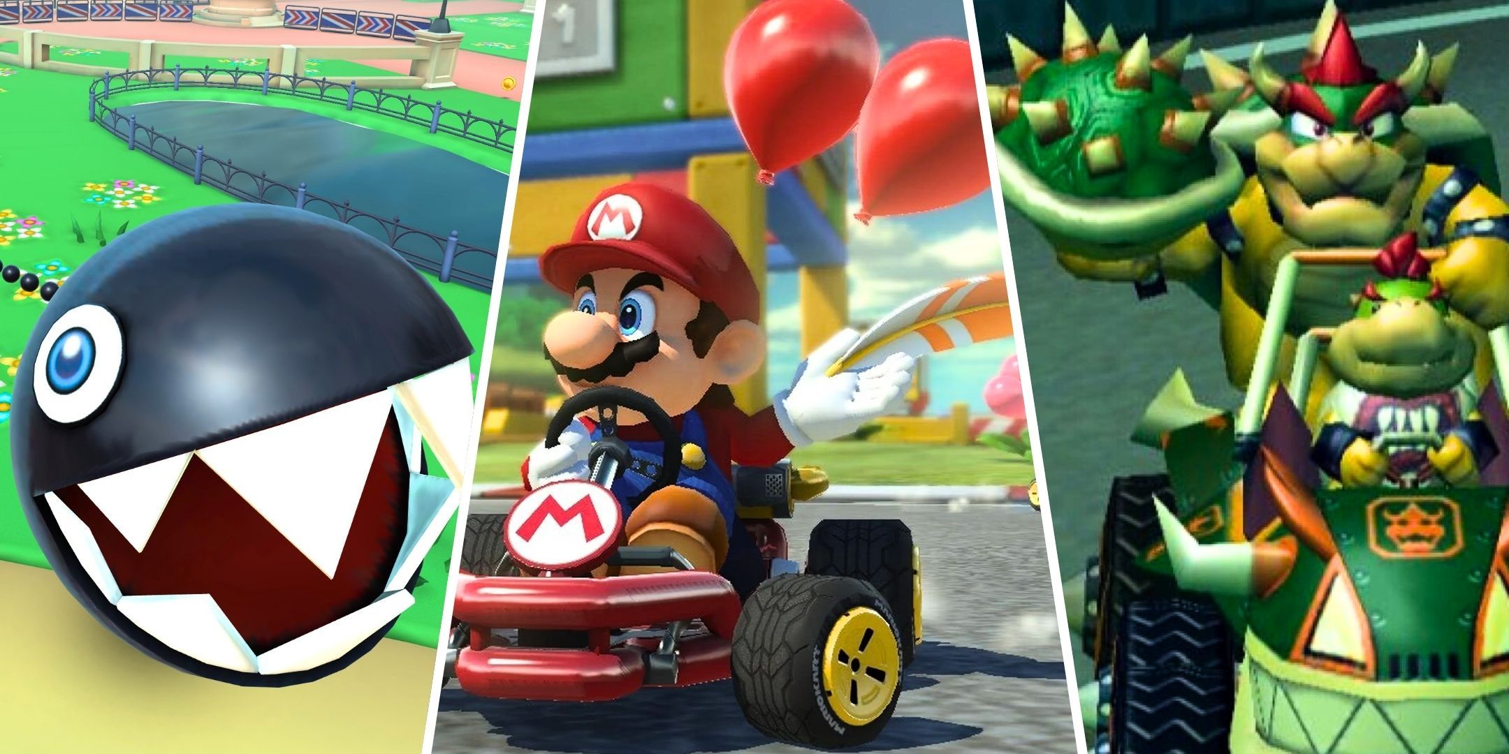 A split image of a Chain Chomp in Mario Kart Tour Mario holding a Feather in 8 Deluxe and Bowser with Bowser Jr holding a Bowser Shell in Double Dash