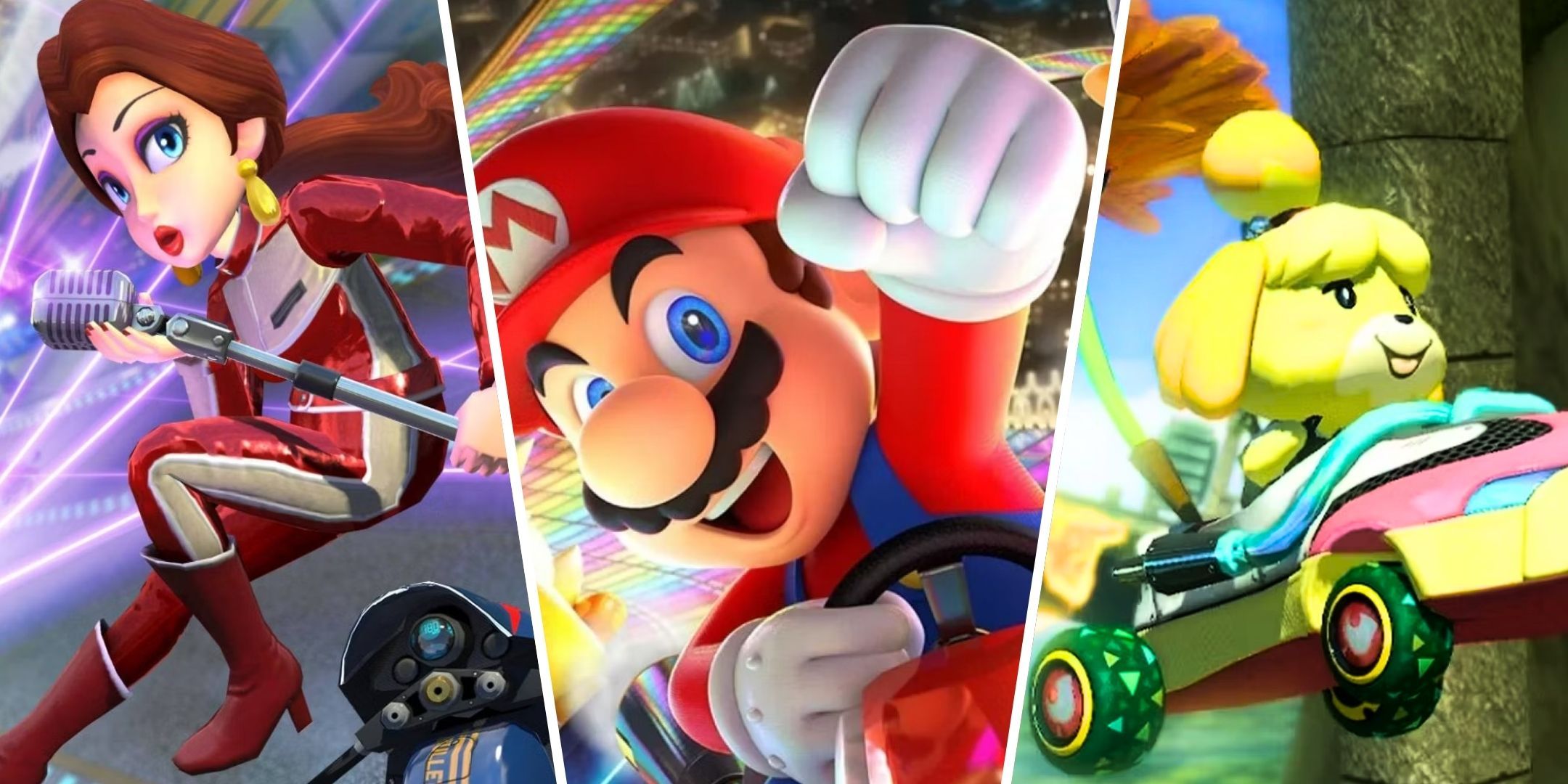 A split image of Pauline with her microphone, Mario fist pumping, and Isabelle driving the sneaker car in Mario Kart 8 Deluxe