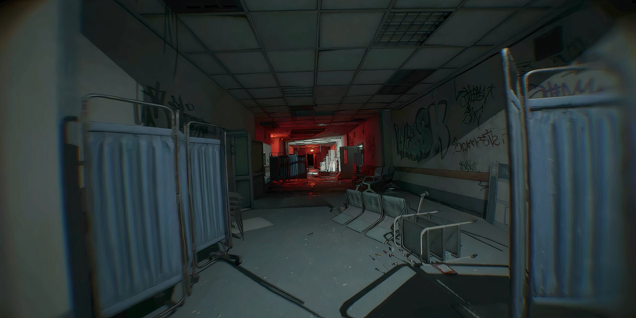 Abandoned Hospital hallways with blinking red lights and the end of it in Bodycam.