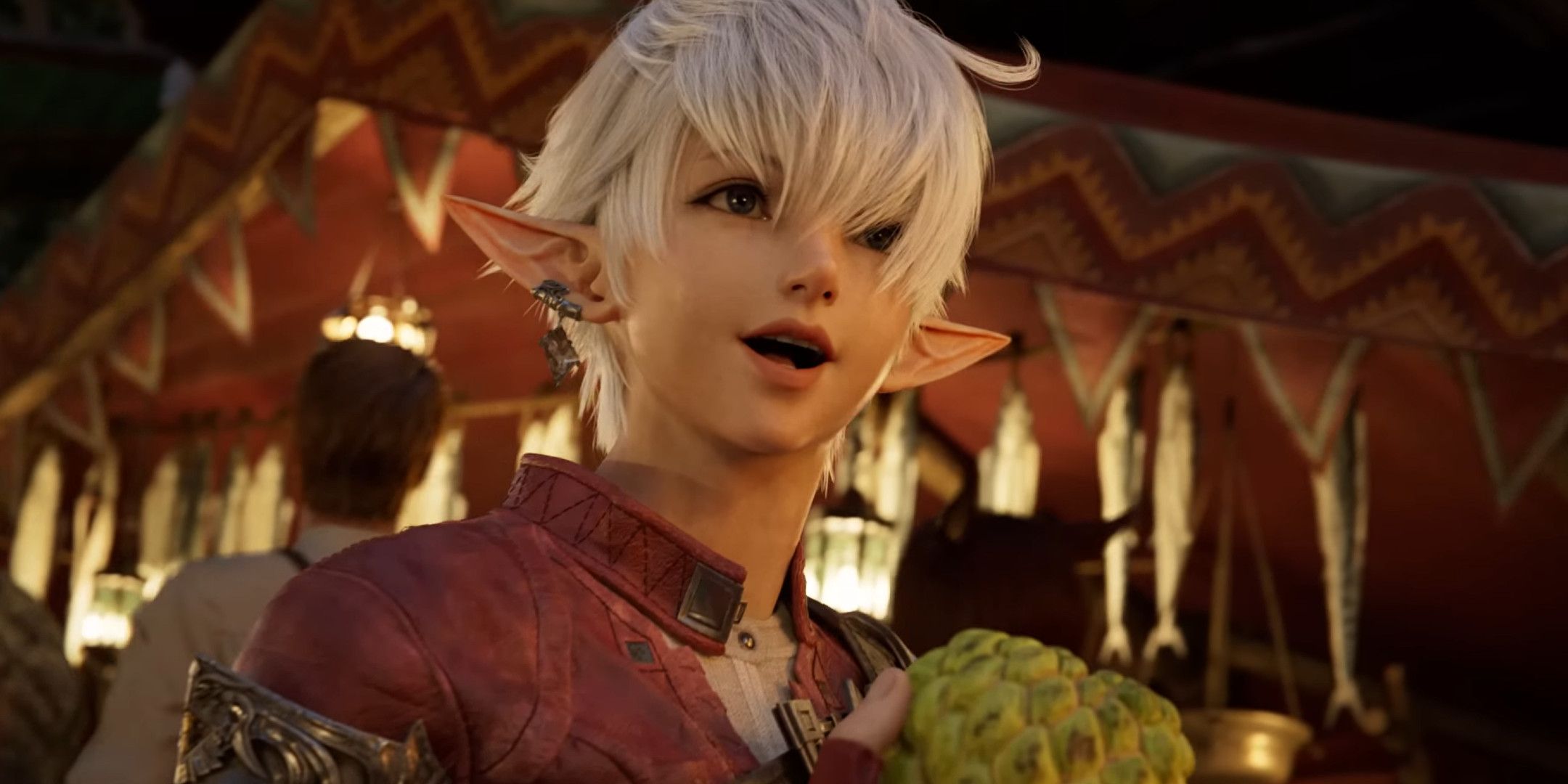 Alisaie looking in awe while holding a green fruit