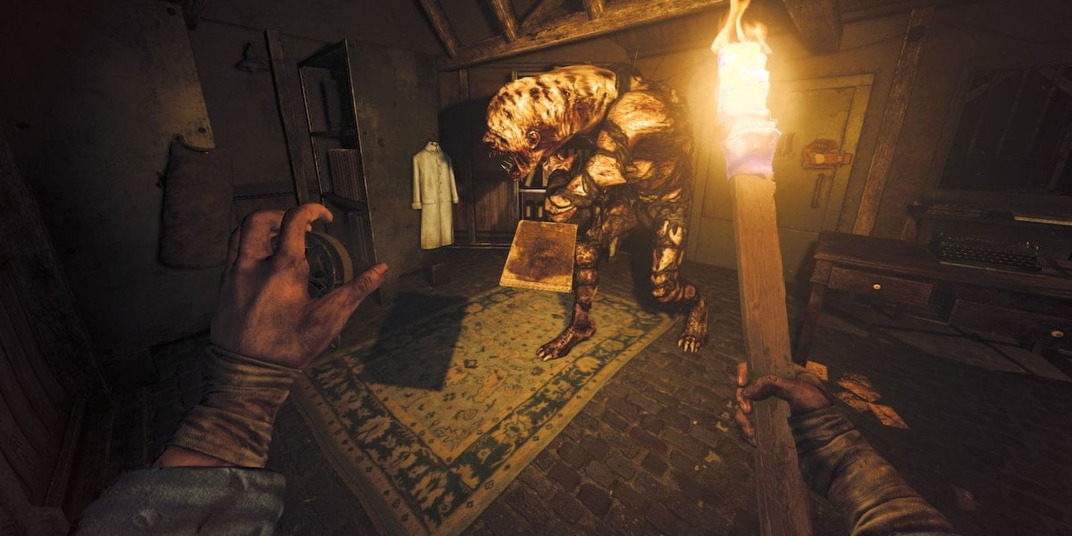 The player comes face-to-face with the monster in Amnesia: The Bunker.