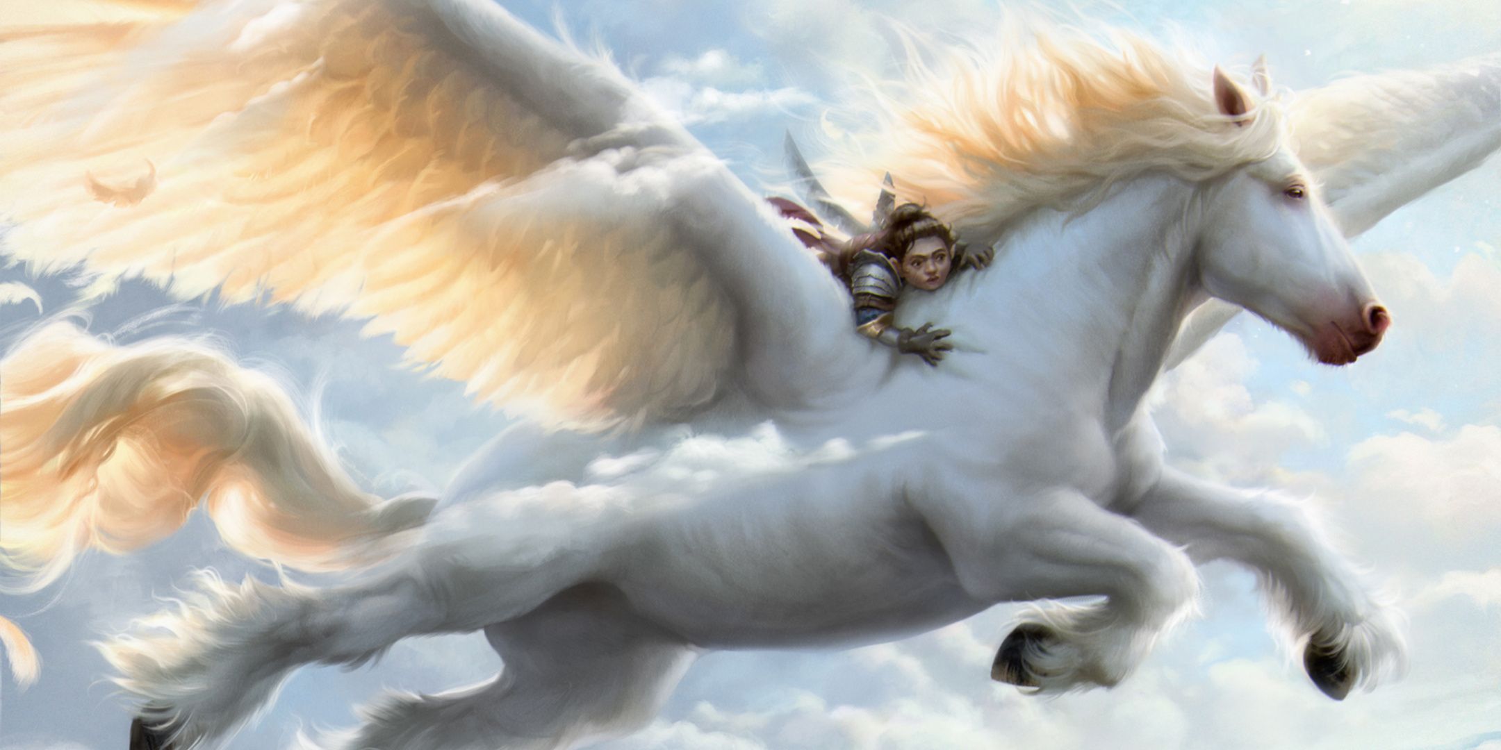 An adventurer riding a Pegasus, Dungeons & Dragons, Arborea Pegasus by Justyna Gil