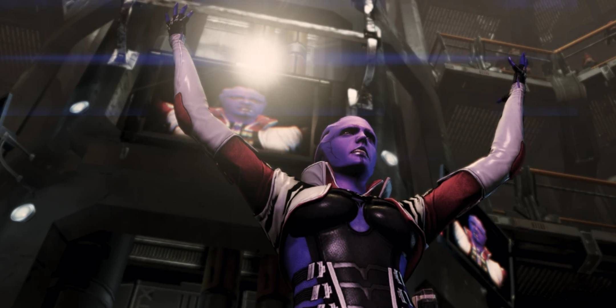 Aria T'loak grandstanding for the crowd in the Omega DLC for Mass Effect 3