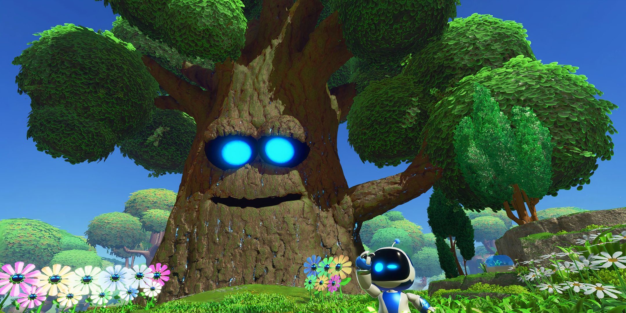 Astro standing next to a robotic tree in Astro Bot.