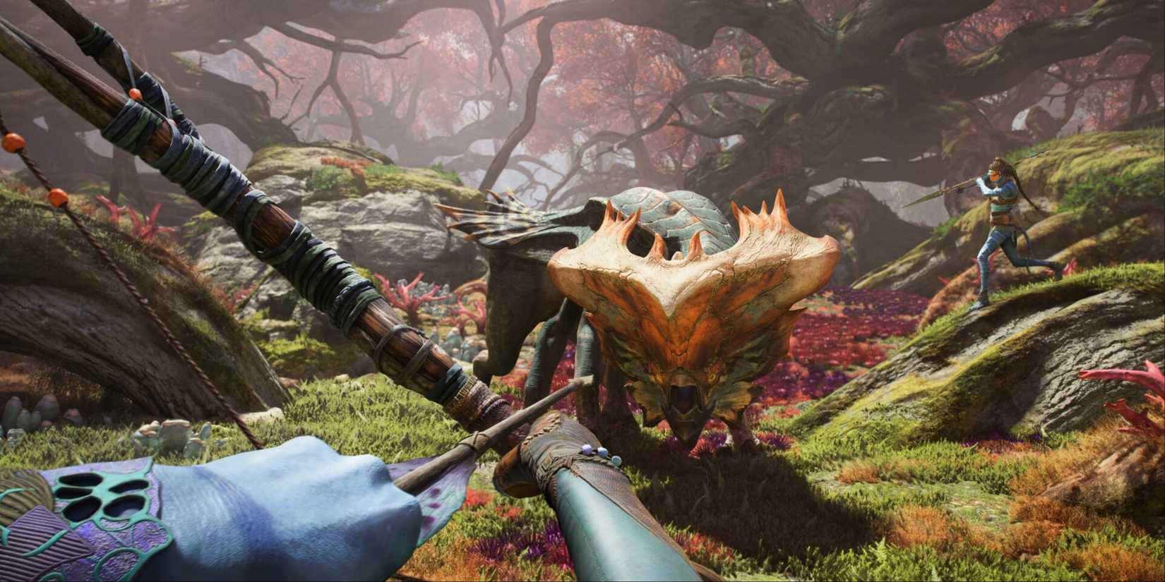 The Avatar Frontier of the Pandora Navi protagonist is attacking the window next to the Avatar Frontier, who fires a bow from life with other butterflies.