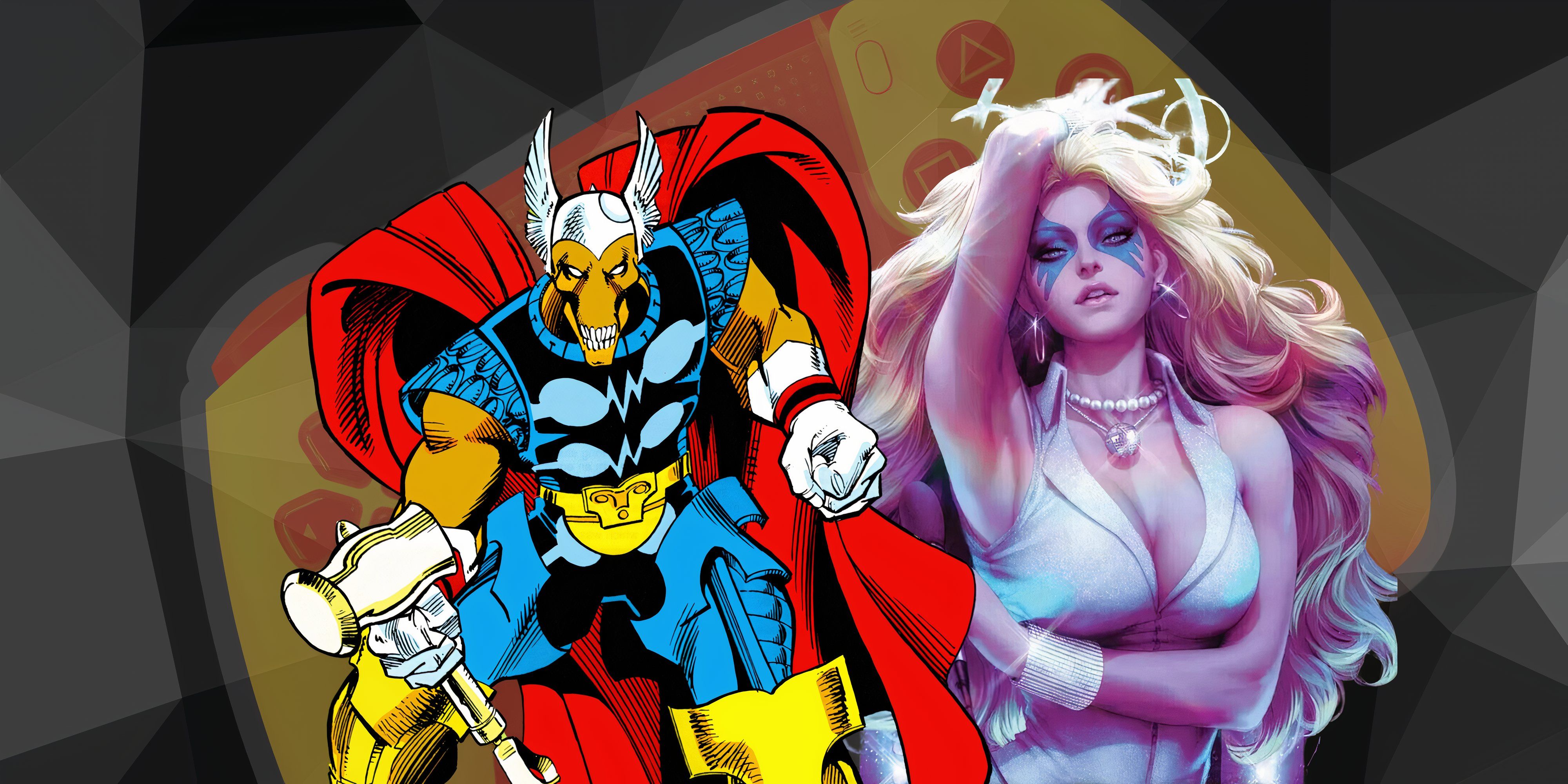 Beta Ray Bill and Dazzler in front of a PS5 controller