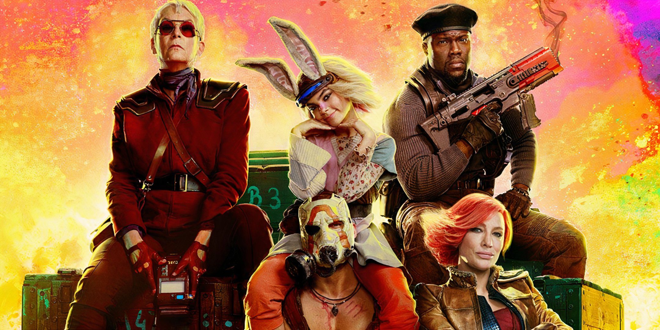 The cast of the Borderlands movie on a colourful poster with an explosion in the background