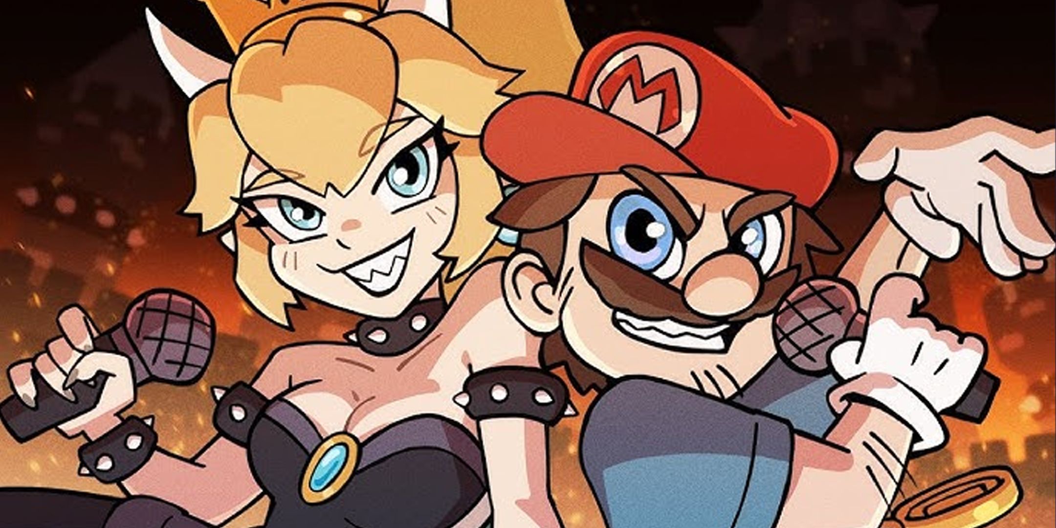 Bowsette and Mario holding up microphones in a lava dungeon