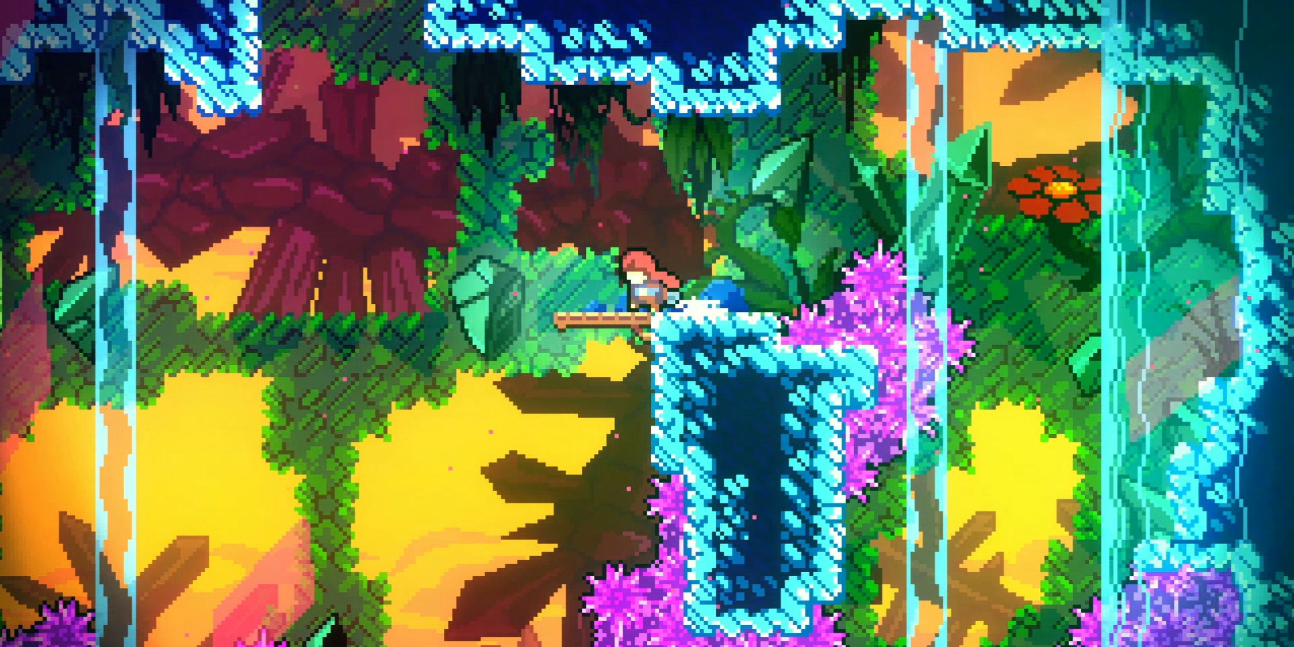 Madeline approaching a ledge in Celeste