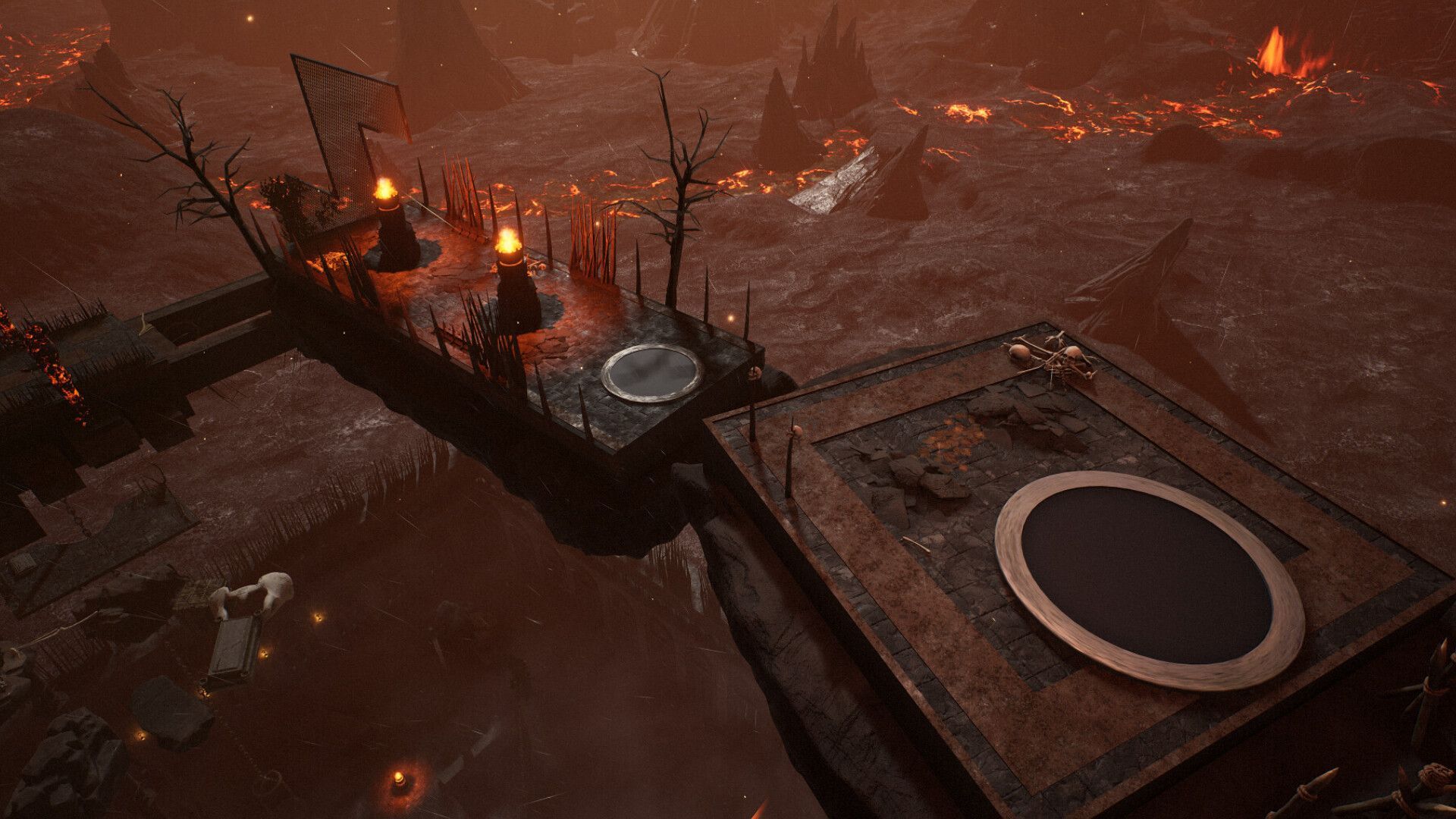 A specific section of Chained Together's Lava Mode course, showing metal fences, dead trees, stone platforms, trampolines, and braziers.