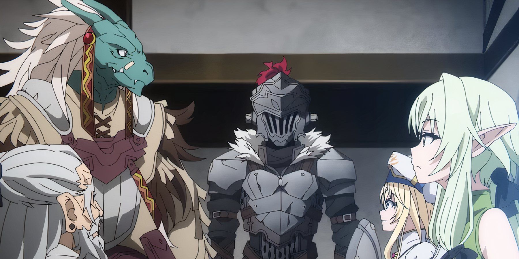 Characters from Goblin Slayer, with the Goblin Slayer, sitting together and discussing their next task.