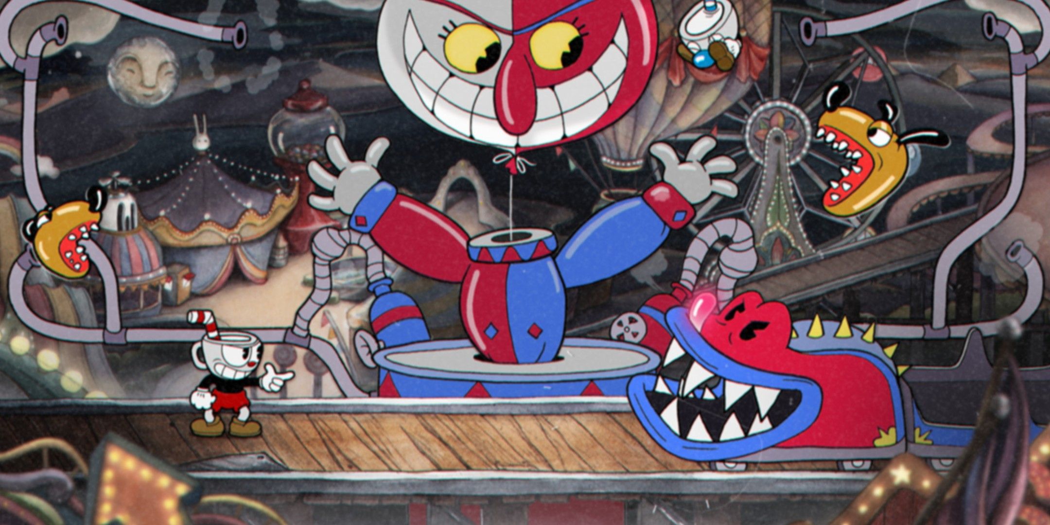 Cuphead fights a balloon monster on a roller coaster.