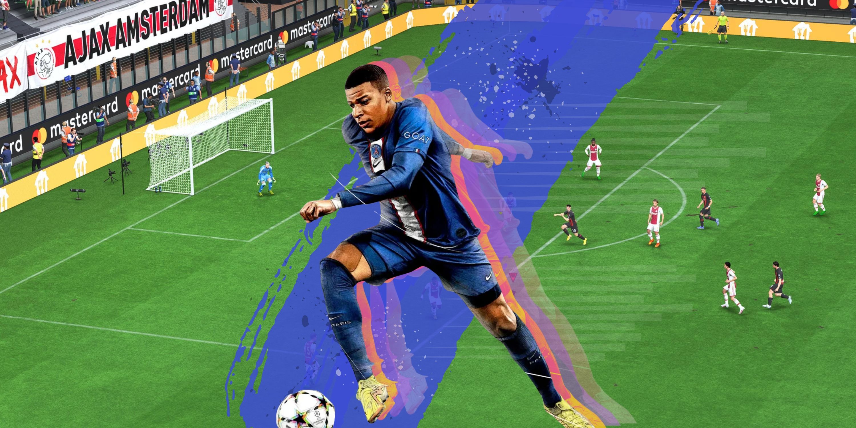 Collage image featuring a screenshot of a soccer game and a player from FIFA23