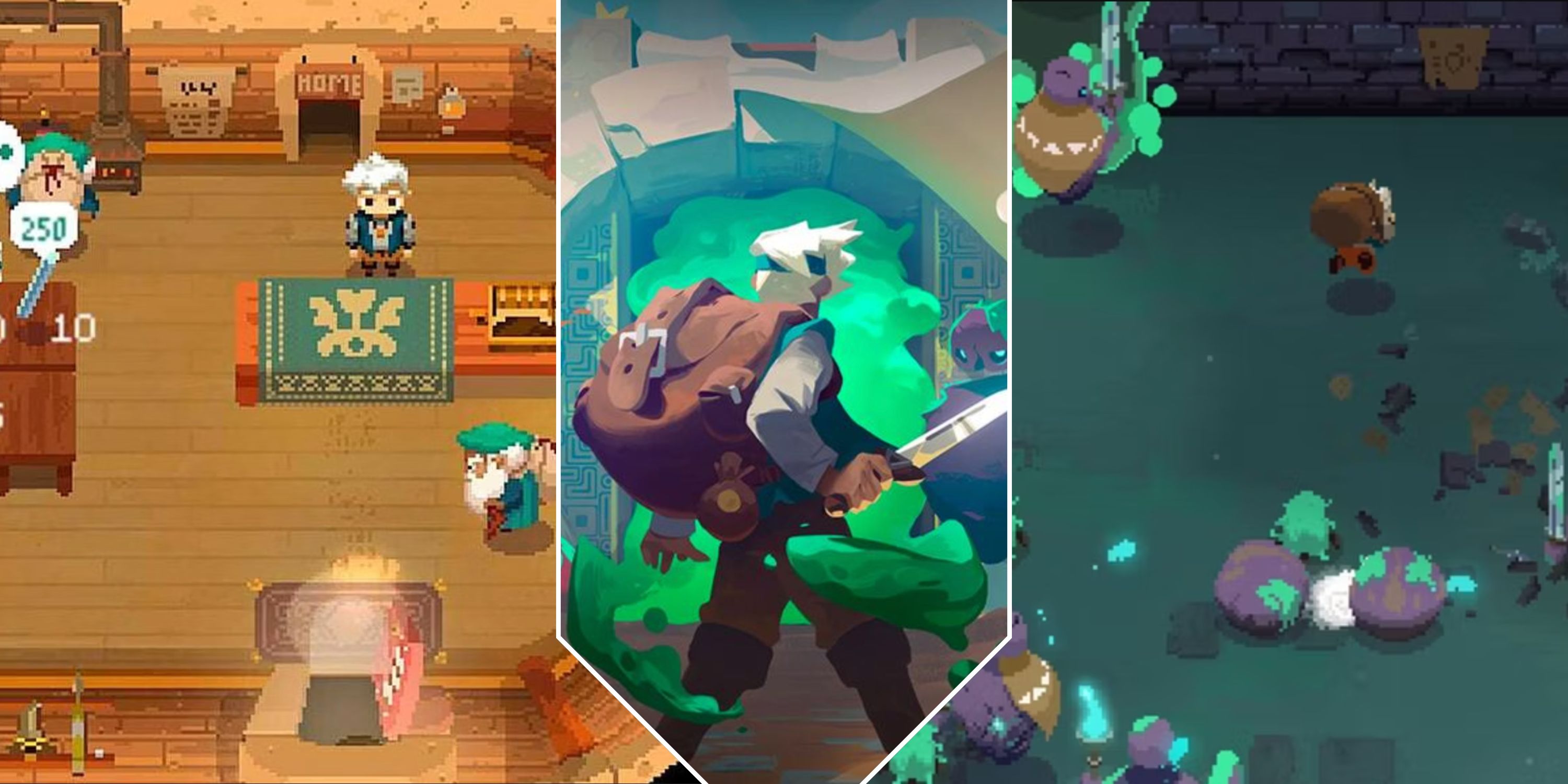 Collage image featuring screenshots from Moonlighter shop, a dungeon, and the cover art for the game