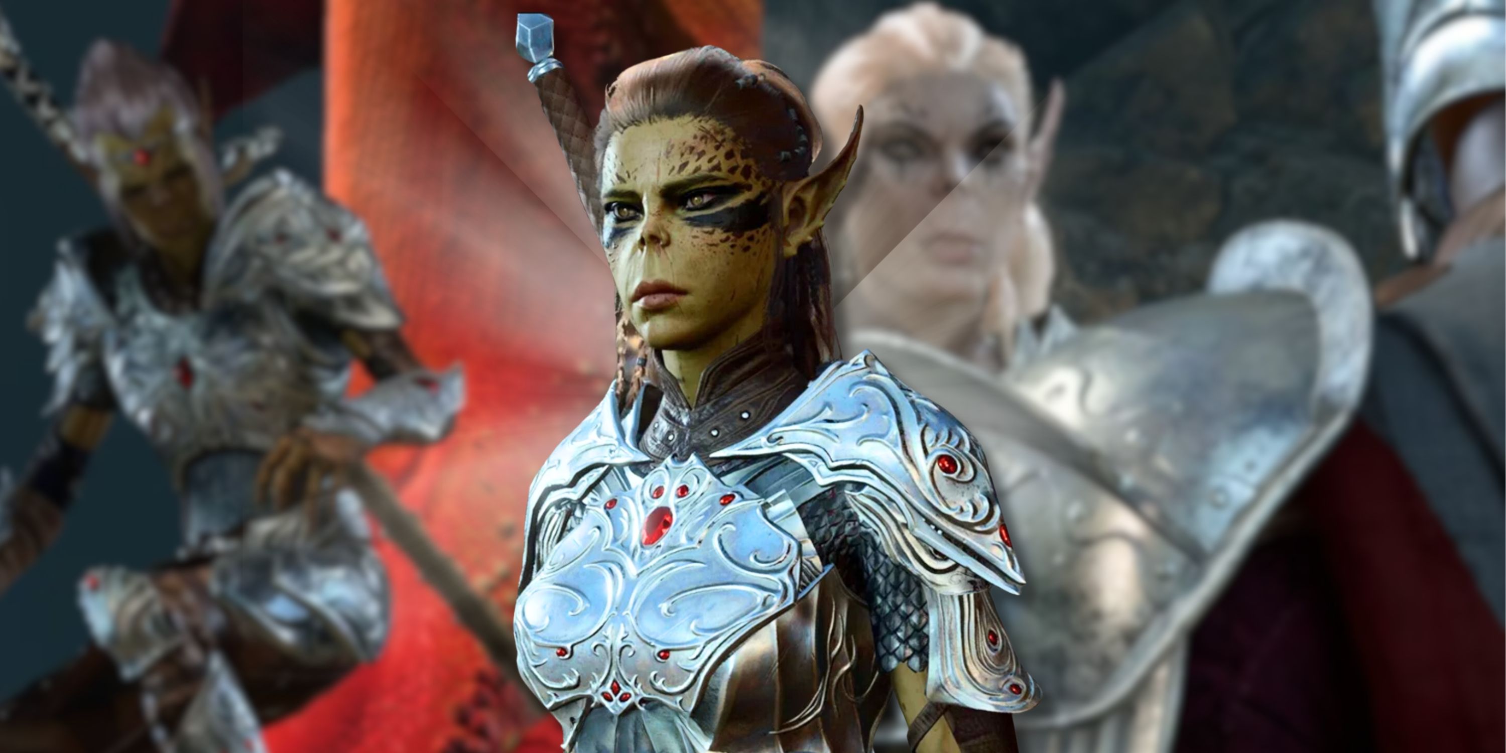 collage image featuring two Githyanki warriors and lae'zel in her silver armor