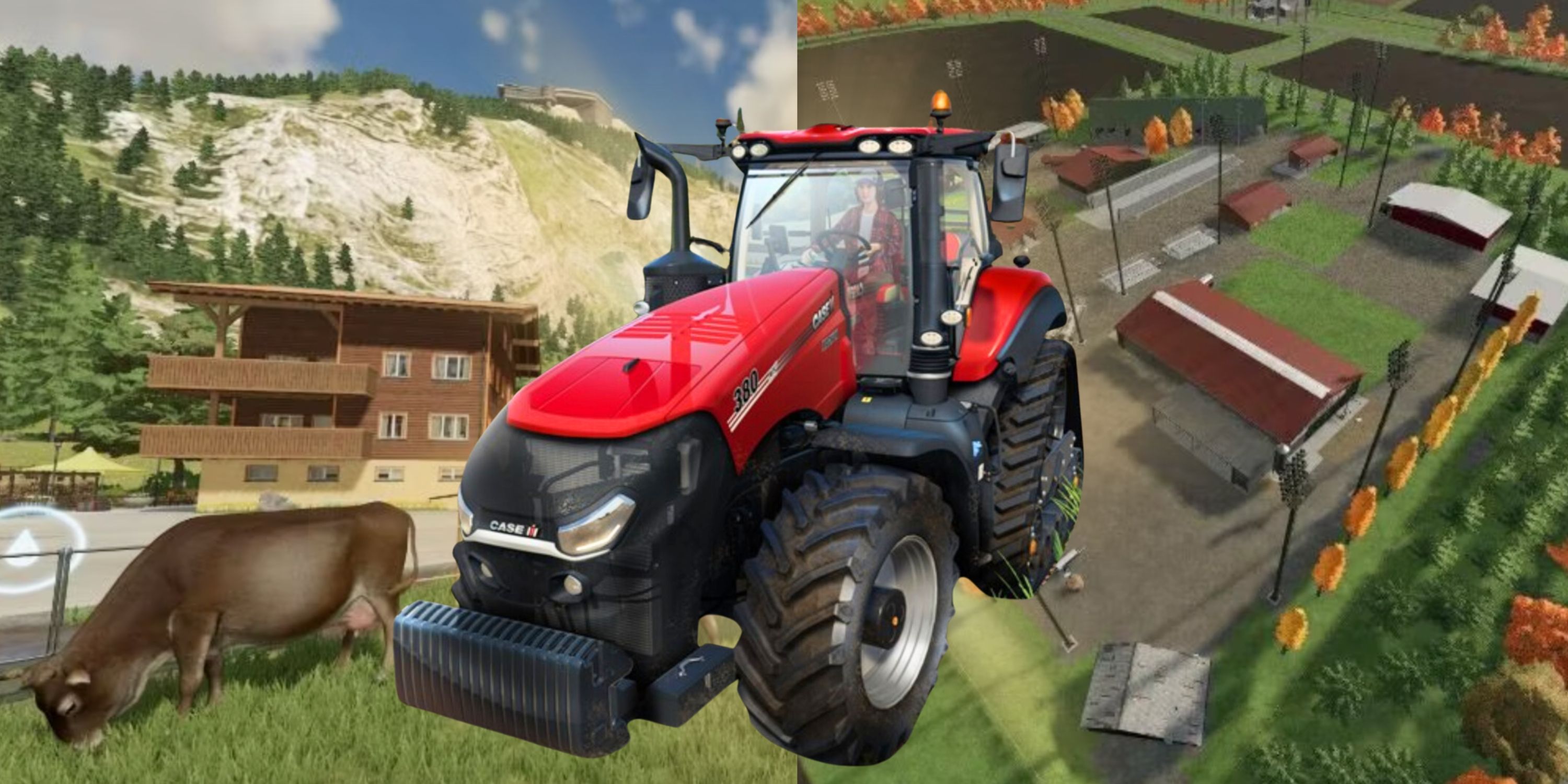 Collage image featuring two maps from Farming Simulator 22 and a red tractor