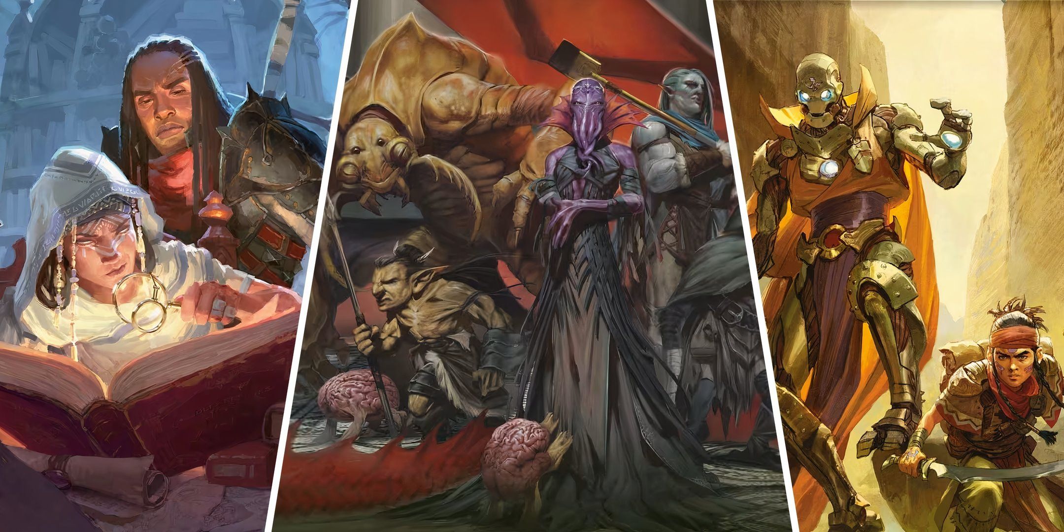 split image showing two characters reading a book, a group shot of various D&D monsters, and a warforged and halfling duo