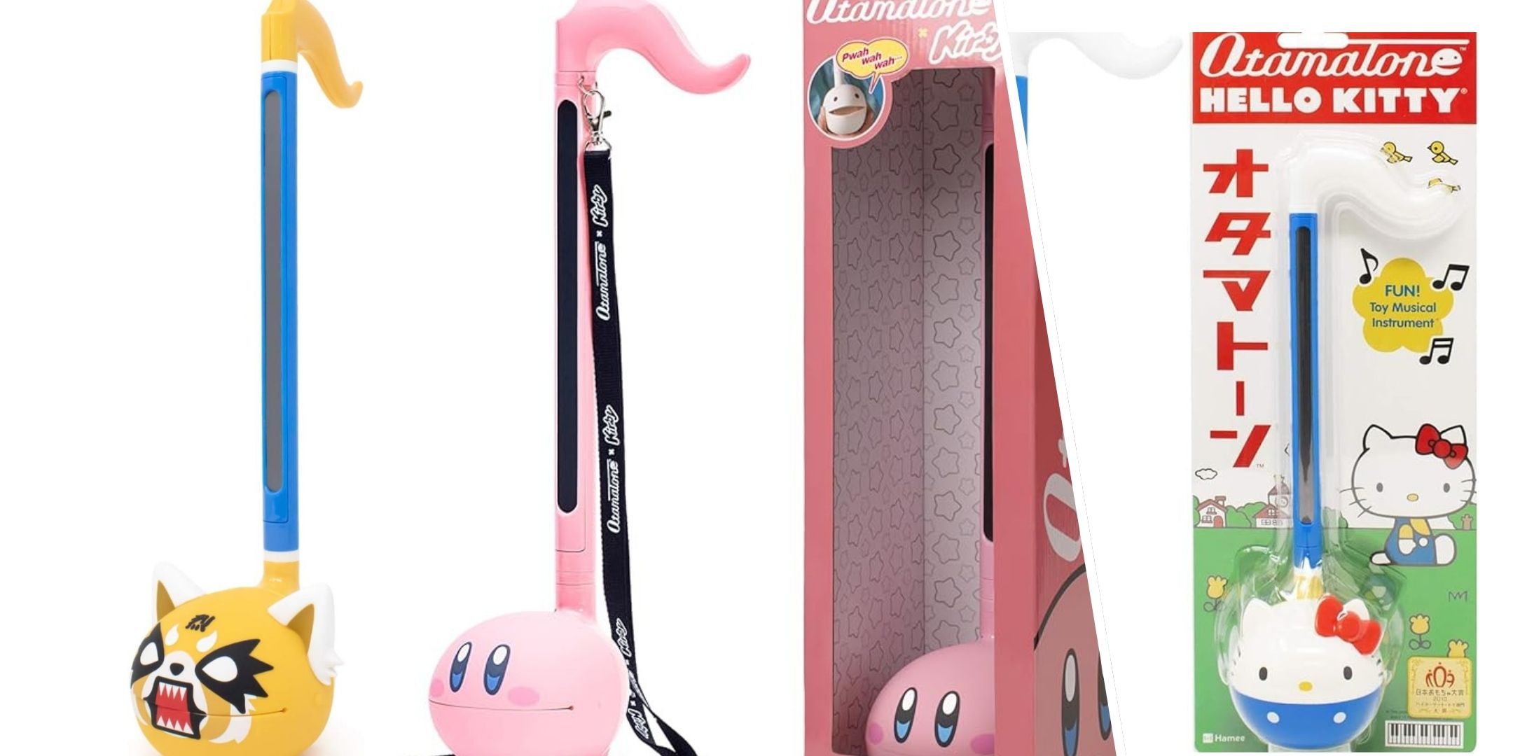 Otamatone of Aggretsuko, Kirby and Hello Kitty side by side.