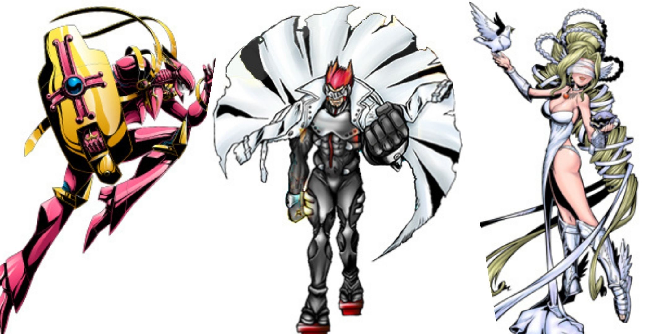 A collage of three Digimon, Lord Knightmon, Gankomon and Venusmon.