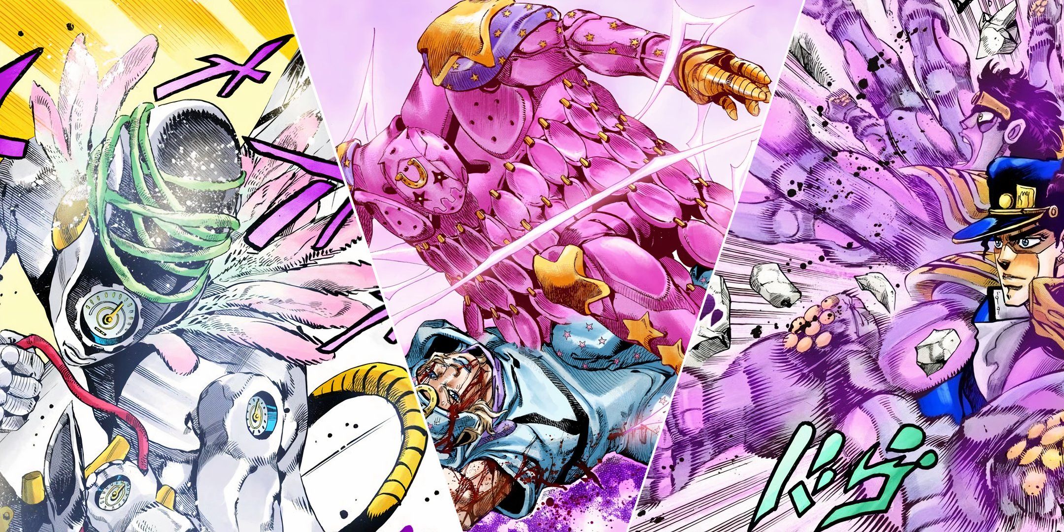 A collage showing three different stands in JoJo's Bizarre Adventure: Made in Heaven, Tusk Act IV, and Star Platinum.