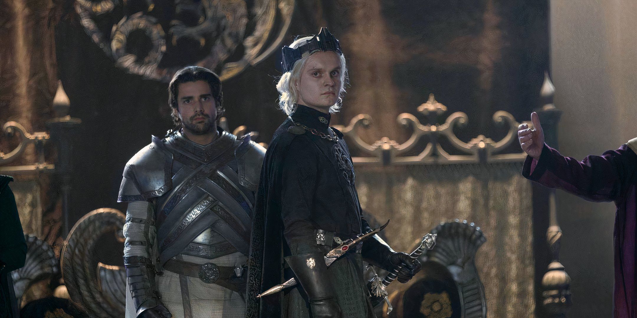 Aegon II at his coronation along Ser Criston Cole in the TV show.