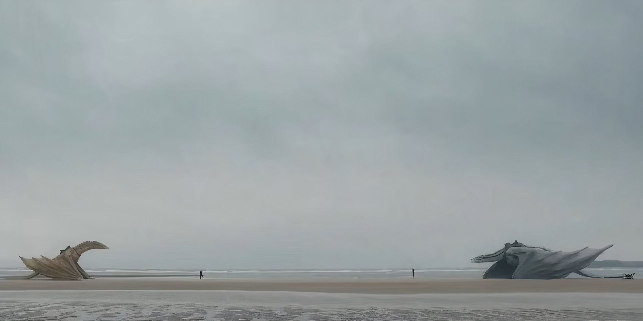 A wide shot of a beach where two dragons are far away from each other, facing each other. There is a person standing in front of each dragon, facing each other in the same manner. The scene is shown from extremely far away.