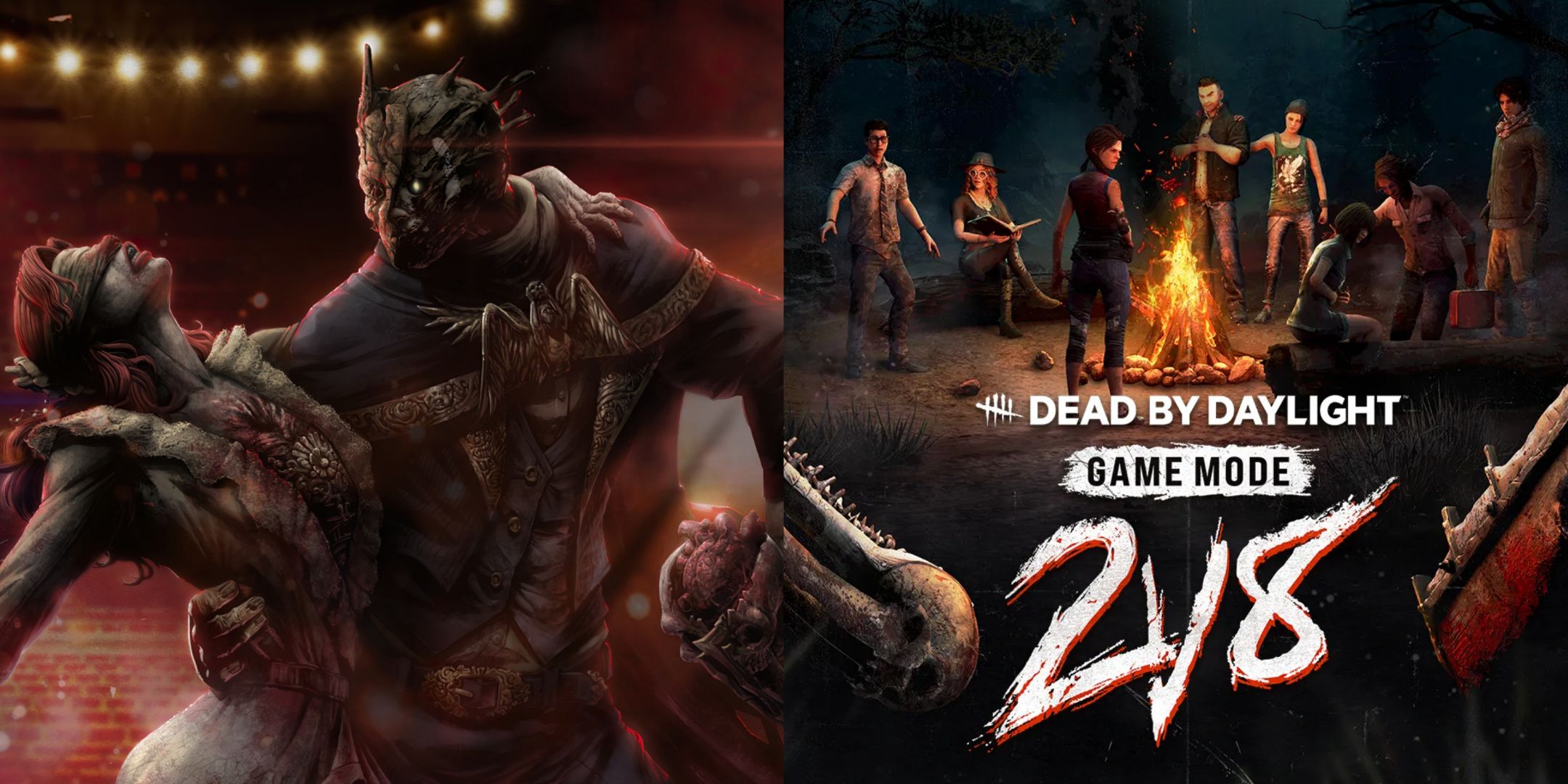 Left: Wraith and Nurse in a Tango, Right: Two Killers' weapons flank the 2v8 logo as Survivors look in around a campfire