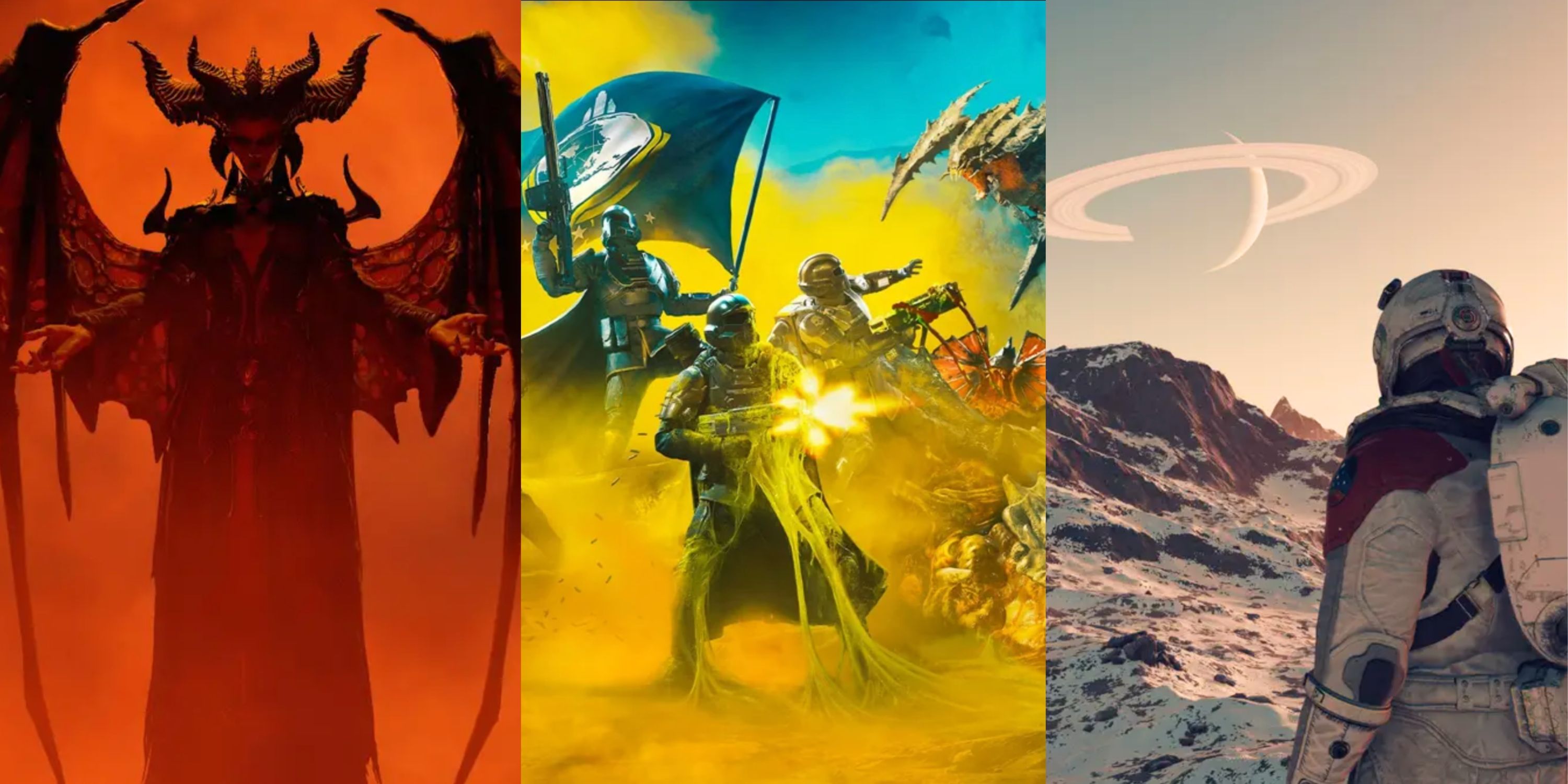 Diablo 4's Lilith with arms outstretched, Helldivers 2 battle scene, and Starfield player looking at planet on horizon-1