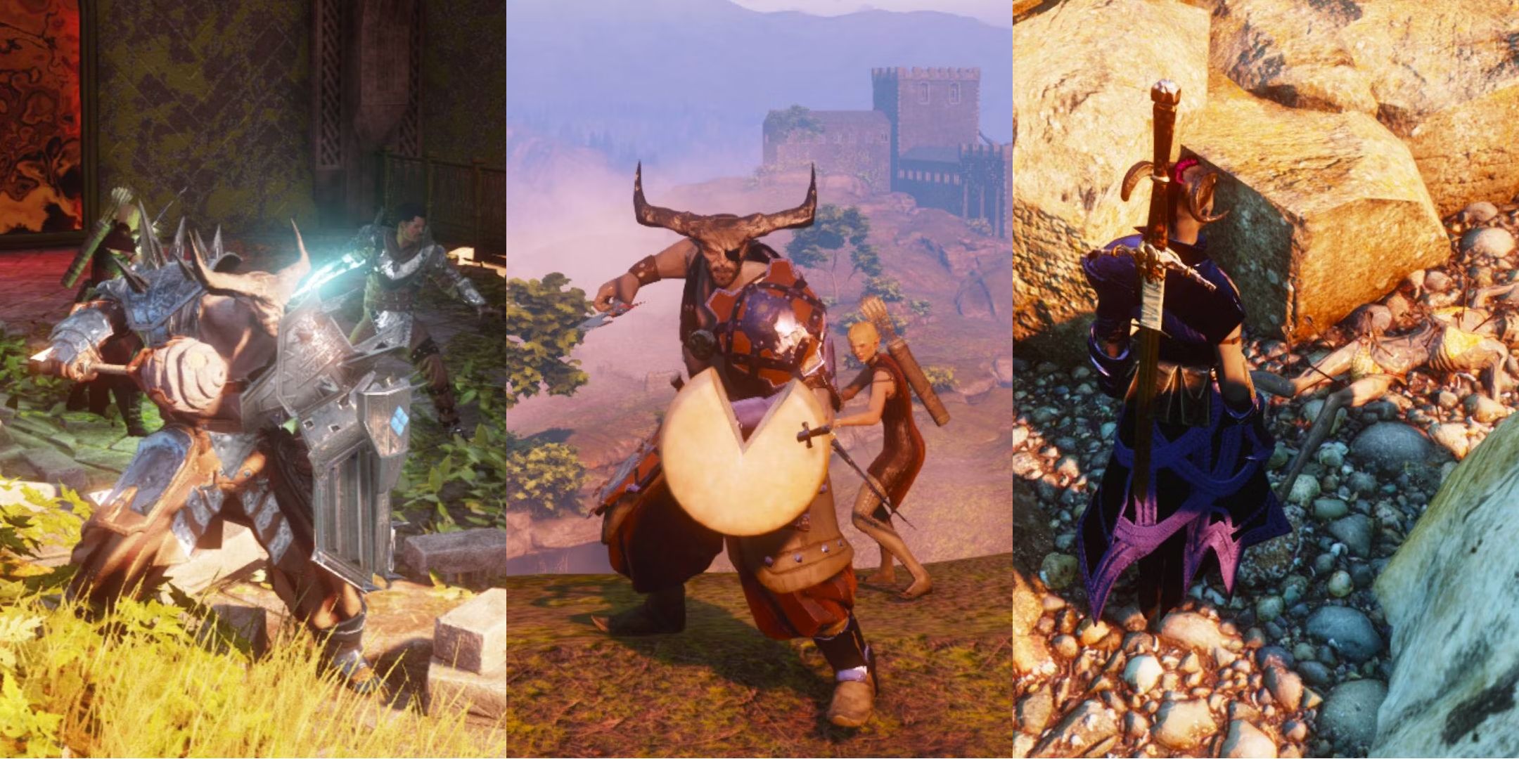 Scenes from Dragon Age showing a mace made from a beehive, a shield made of chese, and a skeleton wearing a chainmail bikini.