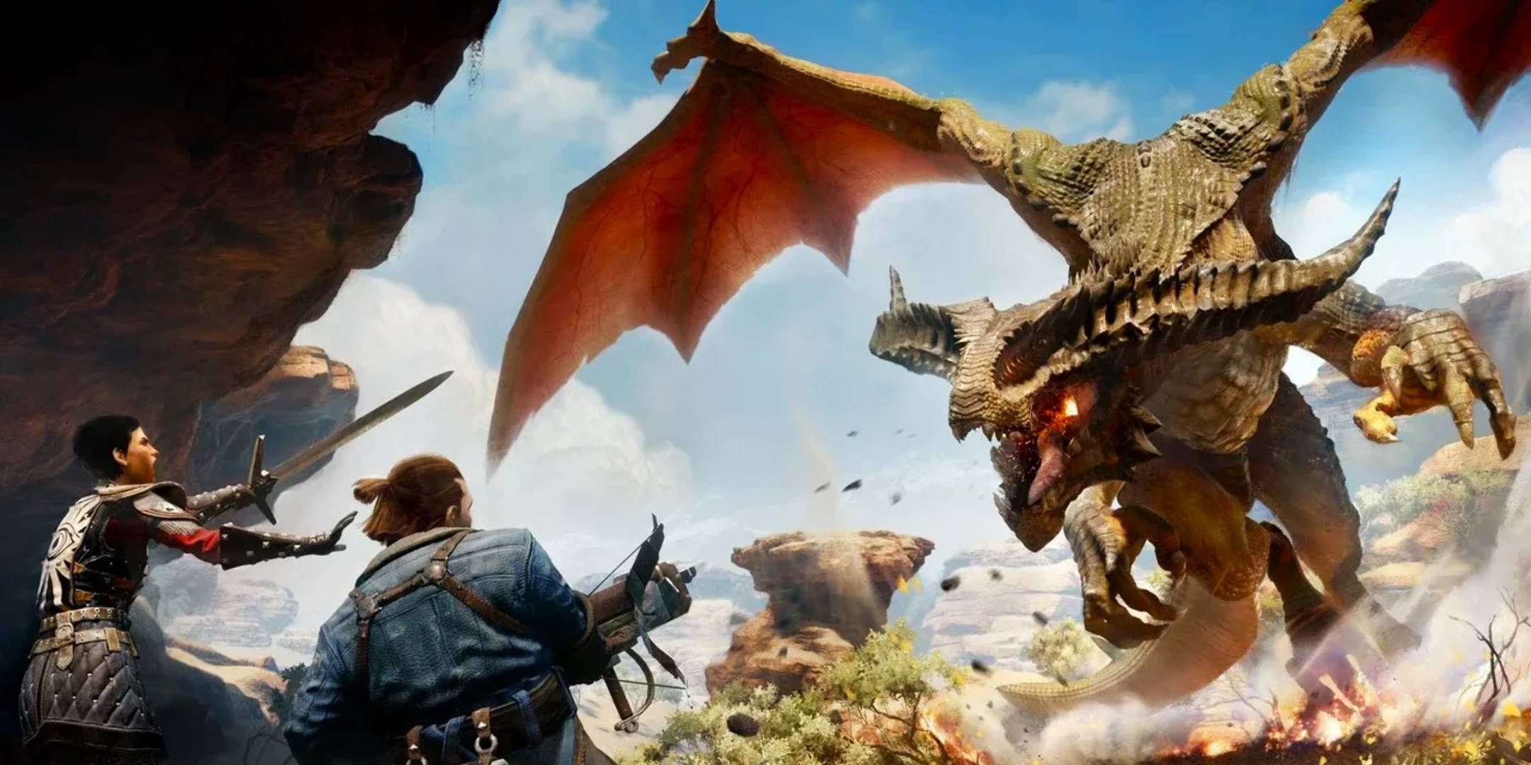 Dragon Age Inquisition - Varric Tethras and Cassandra Pentaghast facing down a high dragon