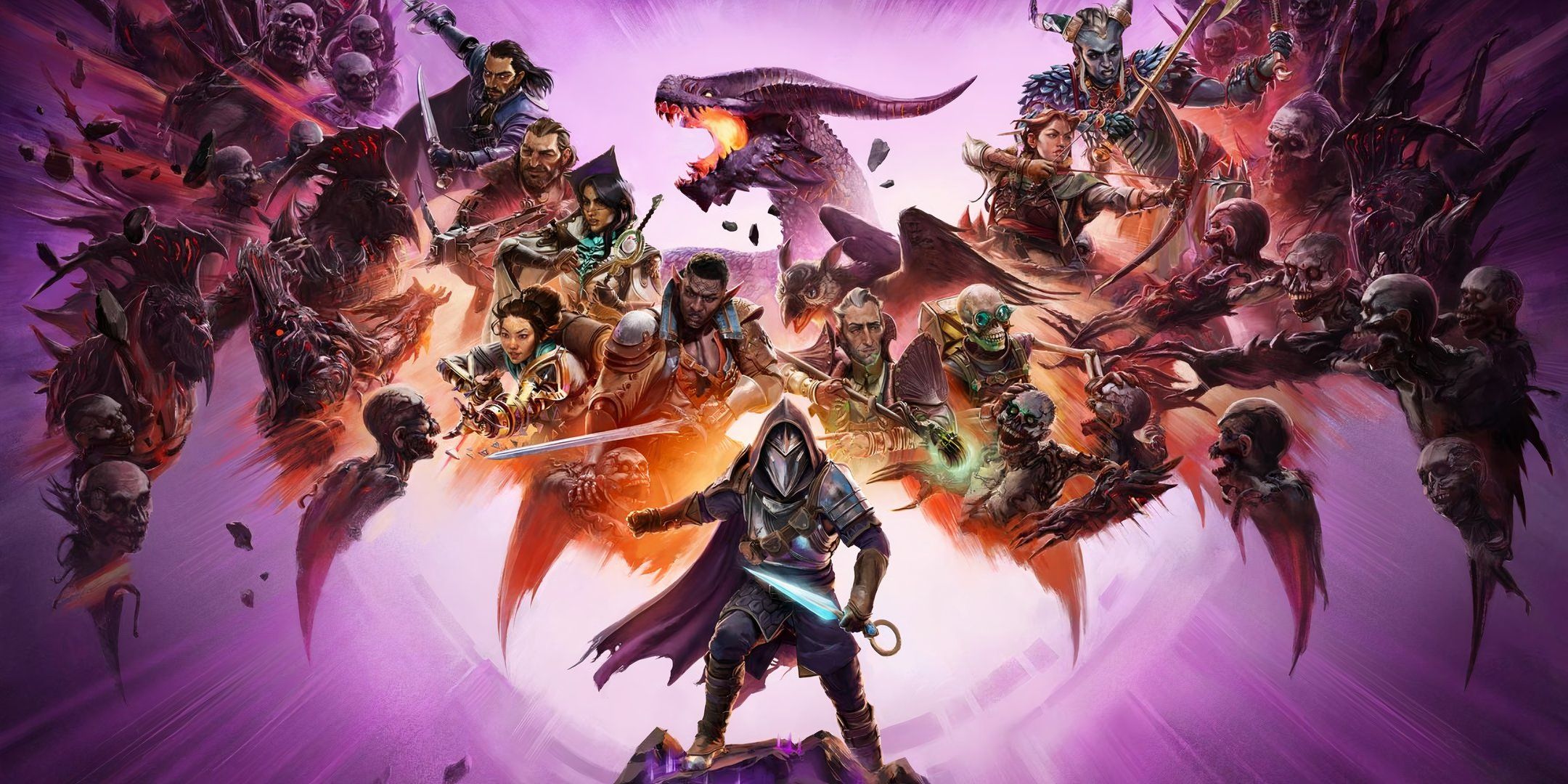 Dragon Age: The Veilguard key art showing all of the companions fending off monsters in front of a purple background