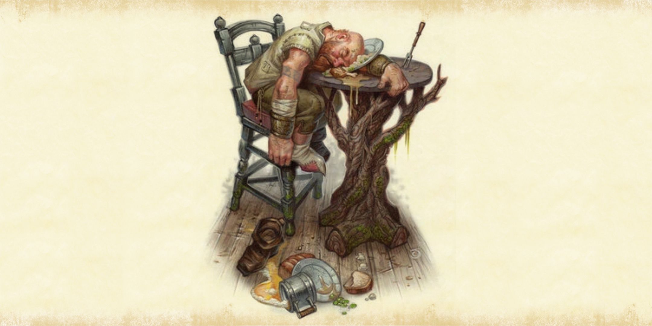 Artwork of a drunk dwarf sleeping on a bar table over parchment texture