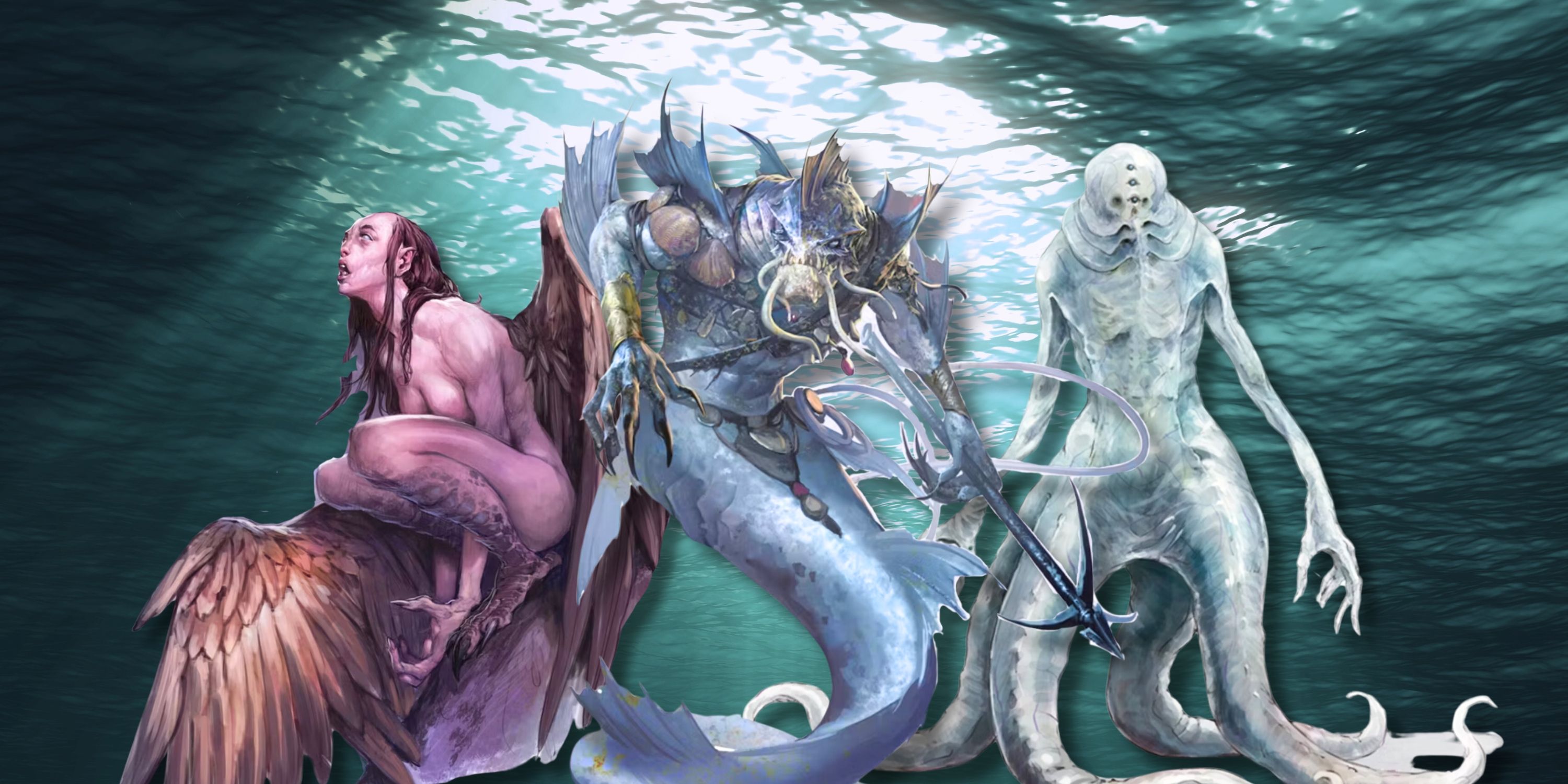 Dungeons And Dragons Aquatic Creature collage featuring three aquatic monsters with an underwater background