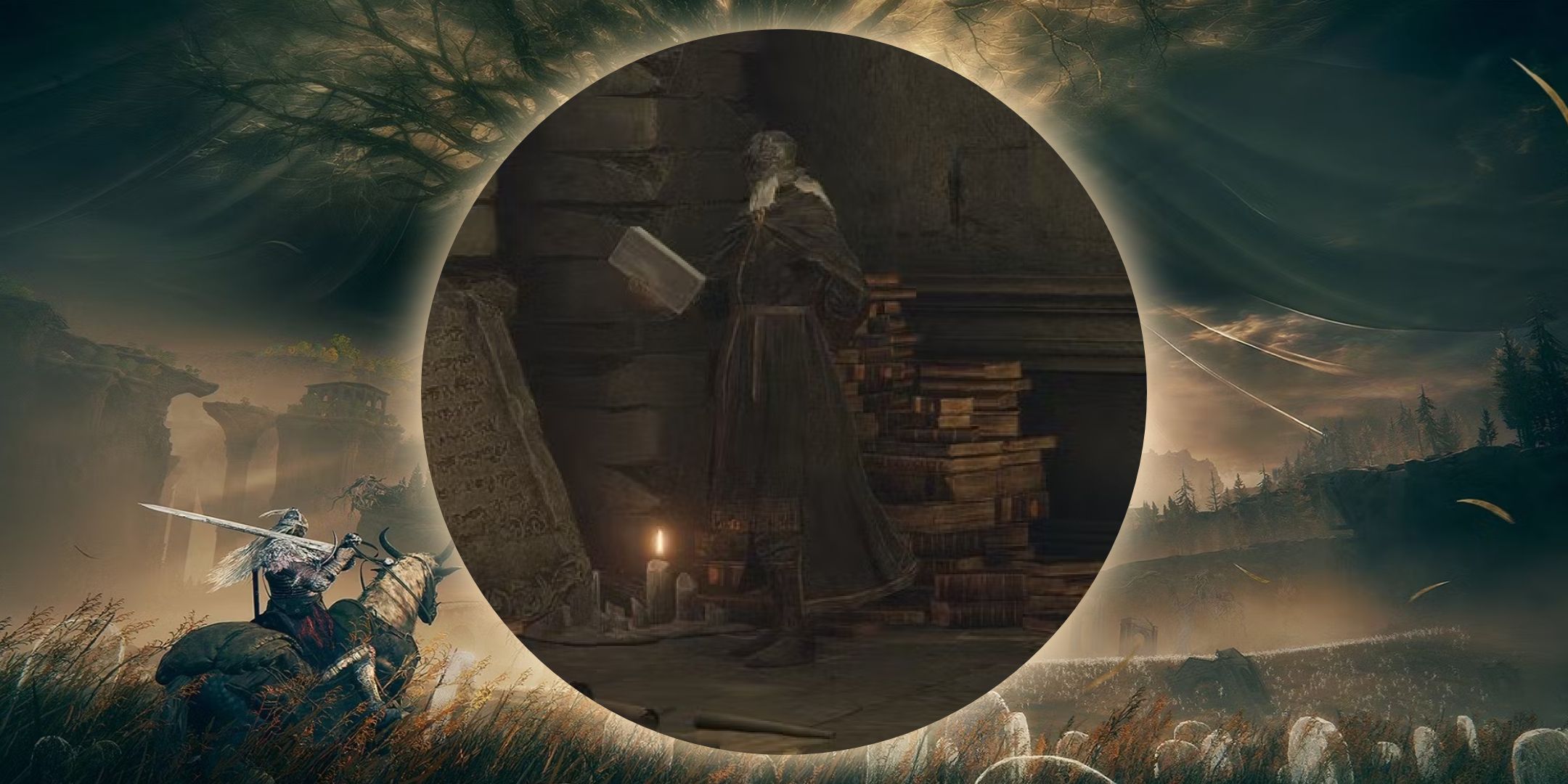 Edited image of Elden Ring Shadow Of The Erdtree DLC promo art with Ansbach in a circle in the center