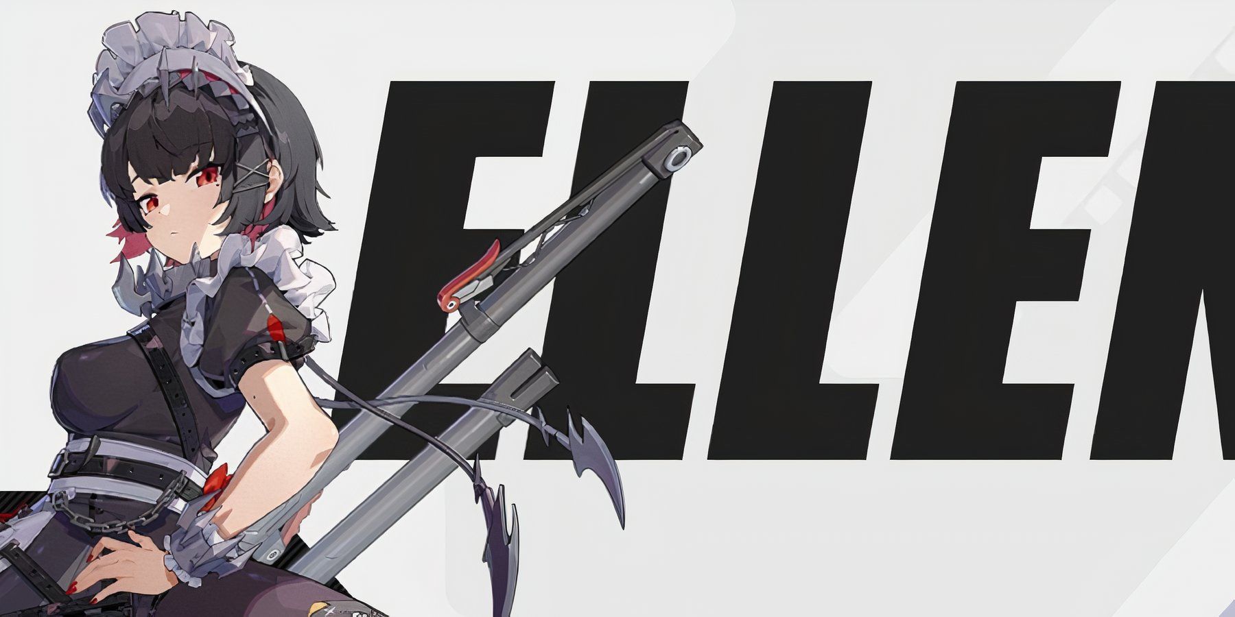 Ellen From Zenless Zone Zero in her signature maid outfit, with her weapon, posing.