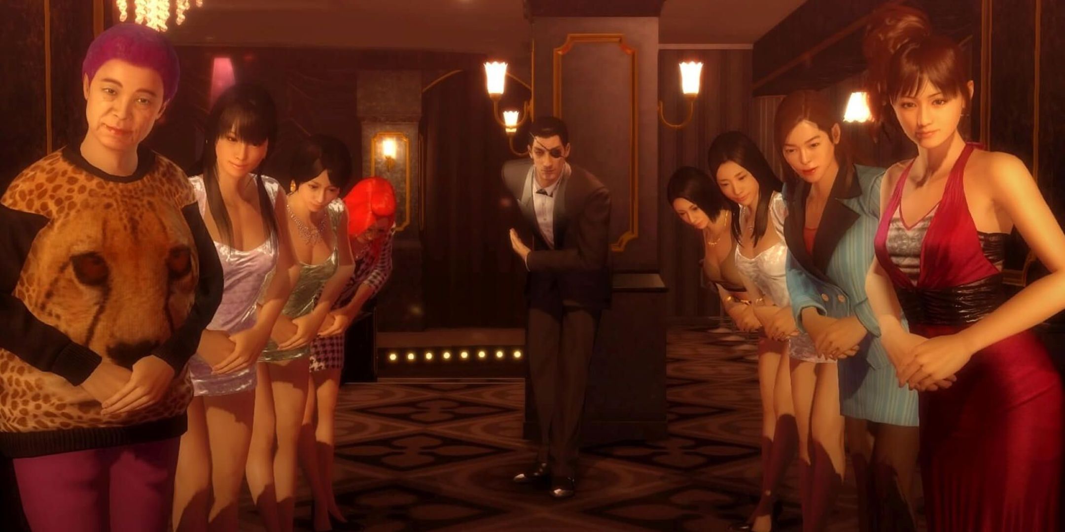 Goro Majima and the hostesses at the entrance to Club Sunshine in the series Yakuza / Like A Dragon.