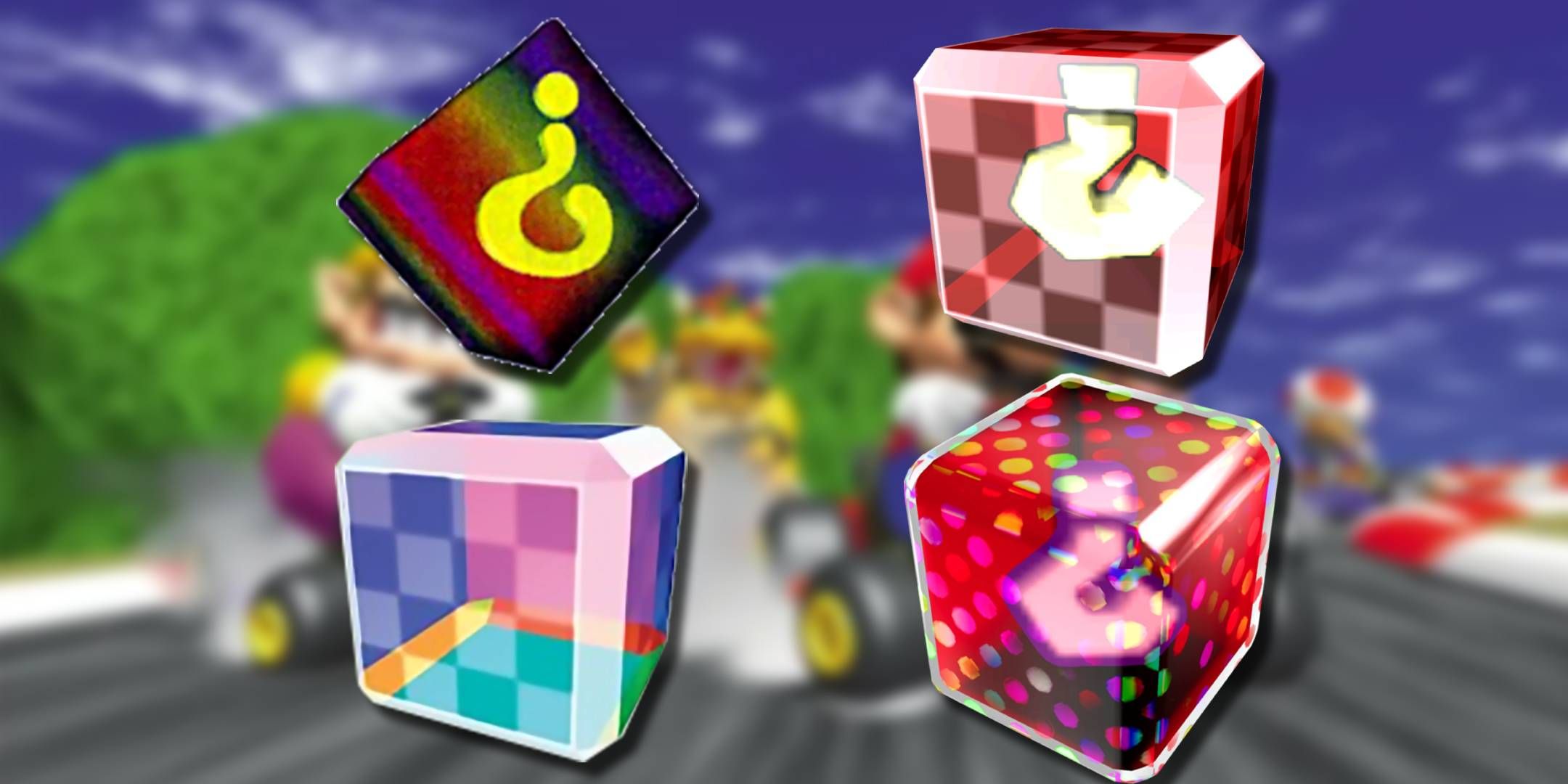 Fake item boxes from Mario Kart 64 Double Dash DS and Wii over an image from Mario Kart 64