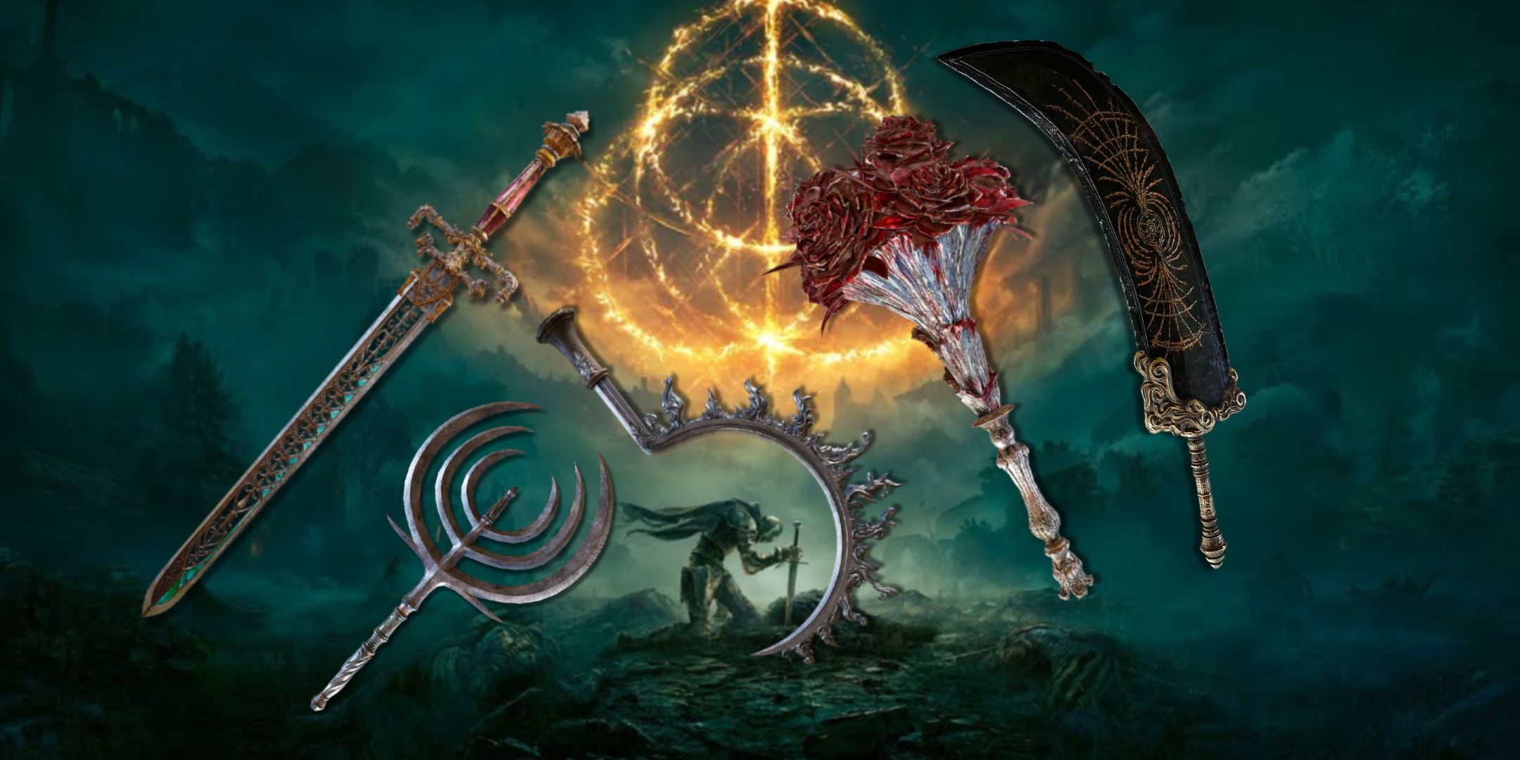 بهترین شمشیرهای مستقیم در حلقه الدن 44 تصویر ویژه، سلاح در Elden Ring، شامل Sword of Night And Flame، The Eclipse Shotel، The Ripple Blade، Varres Boquet، و The Starscourage Greatsword