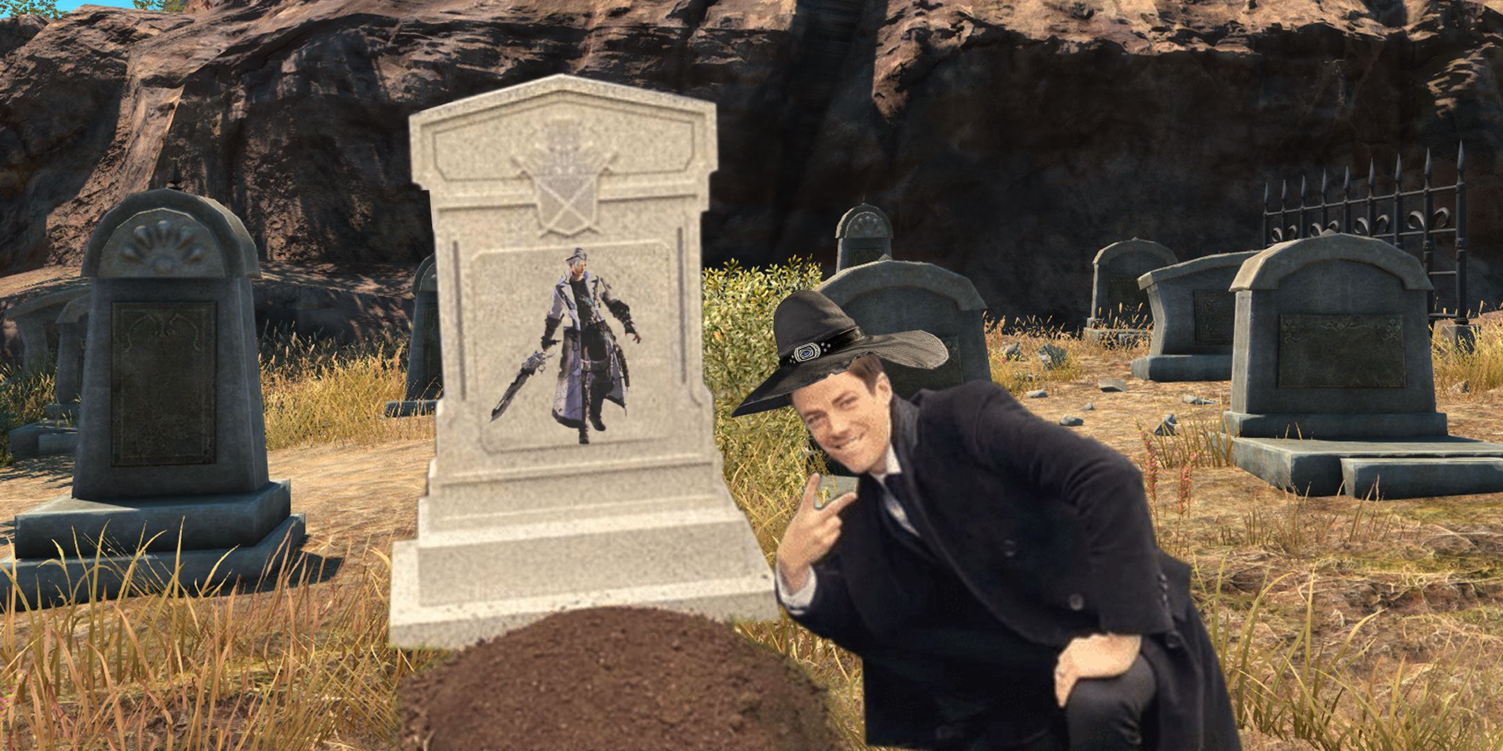 A man crouched down in a graveyard posing next to a grave with Thancred from Final Fantasy 14 on it.