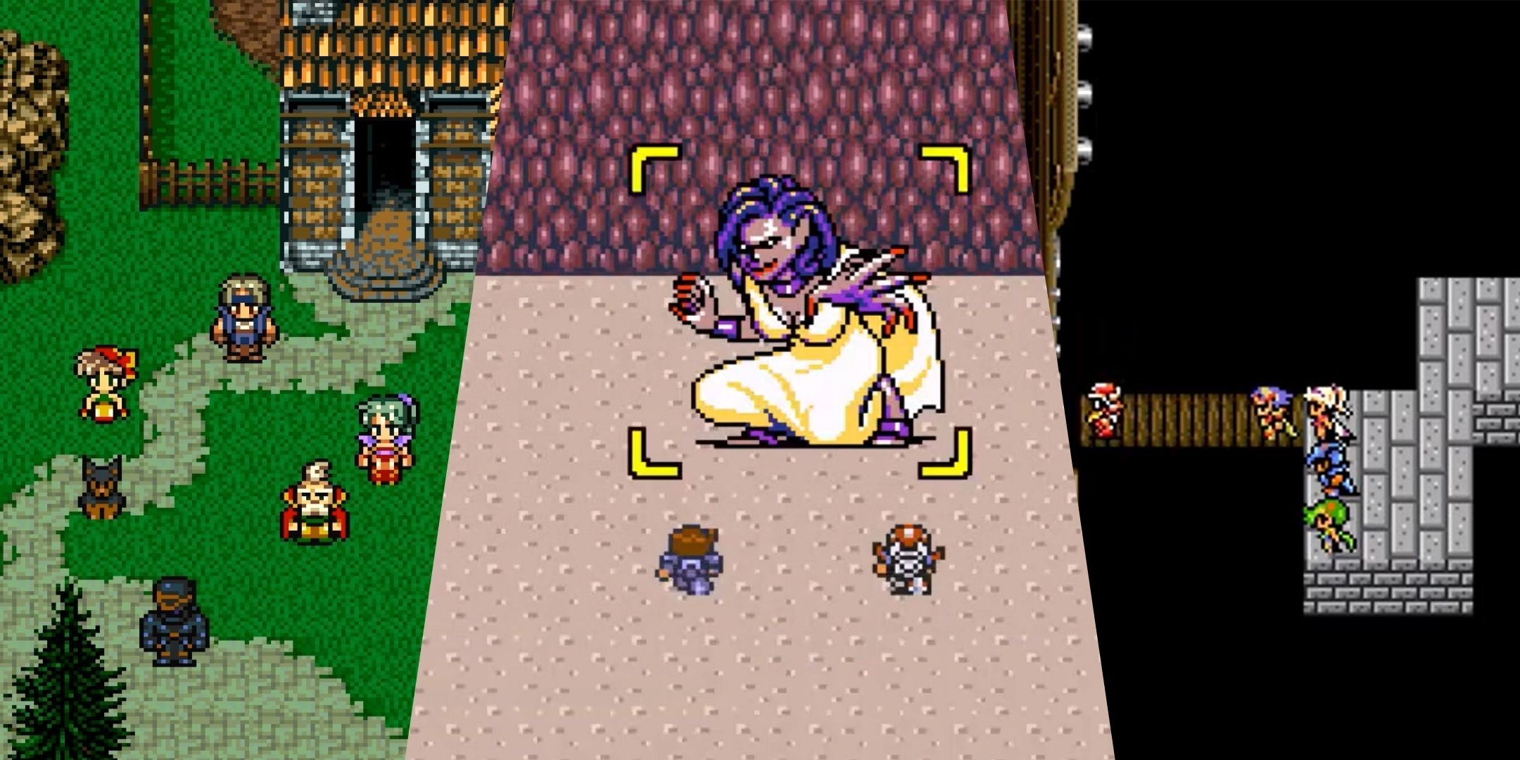 Party members from Final Fantasy 6, the battle against giant female monsters in Final Fantasy Mystic Quest, and party members from Final Fantasy 4 across the bridge