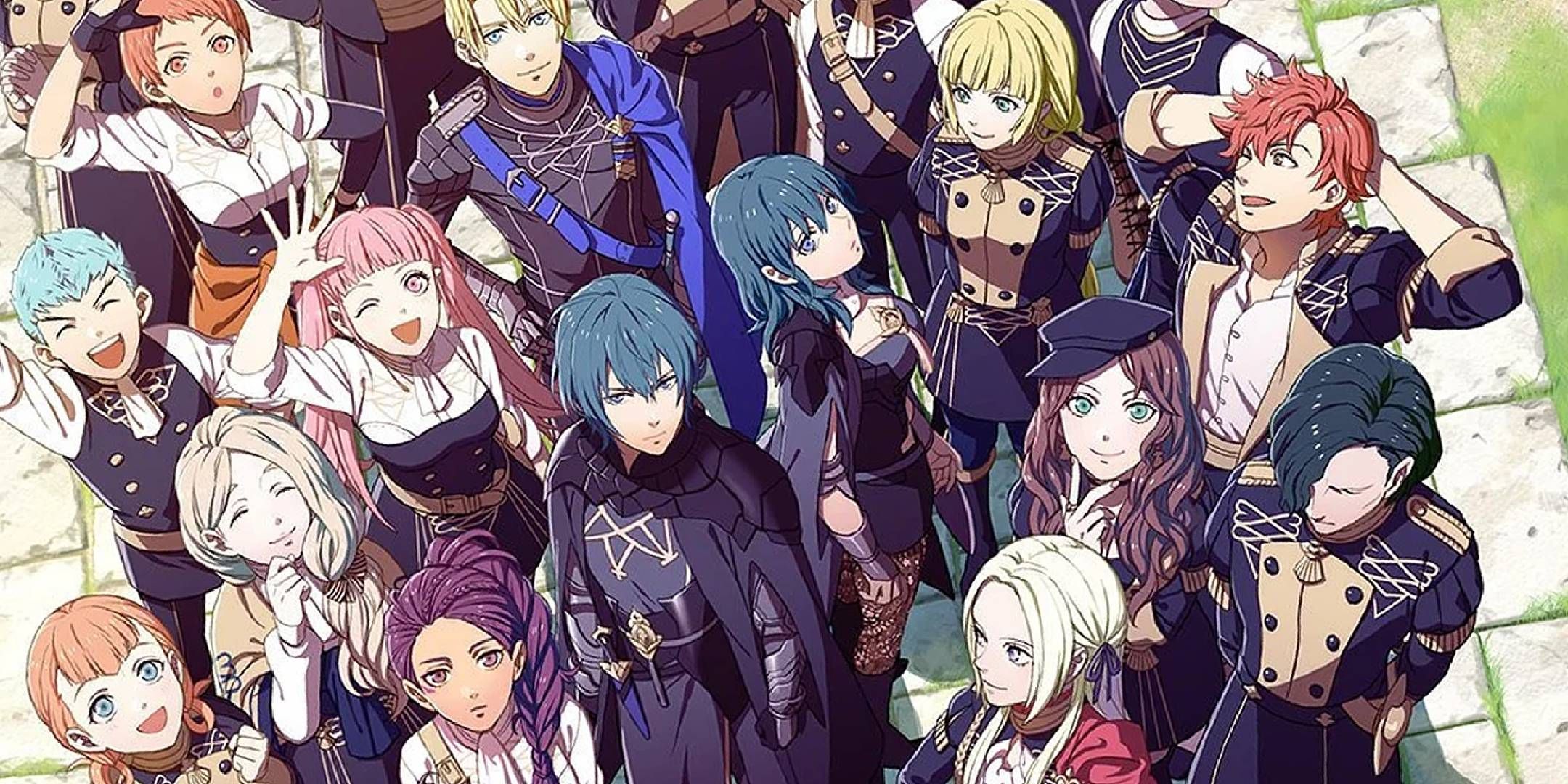 Fire Emblem Three Houses cast stands together on a stone path.