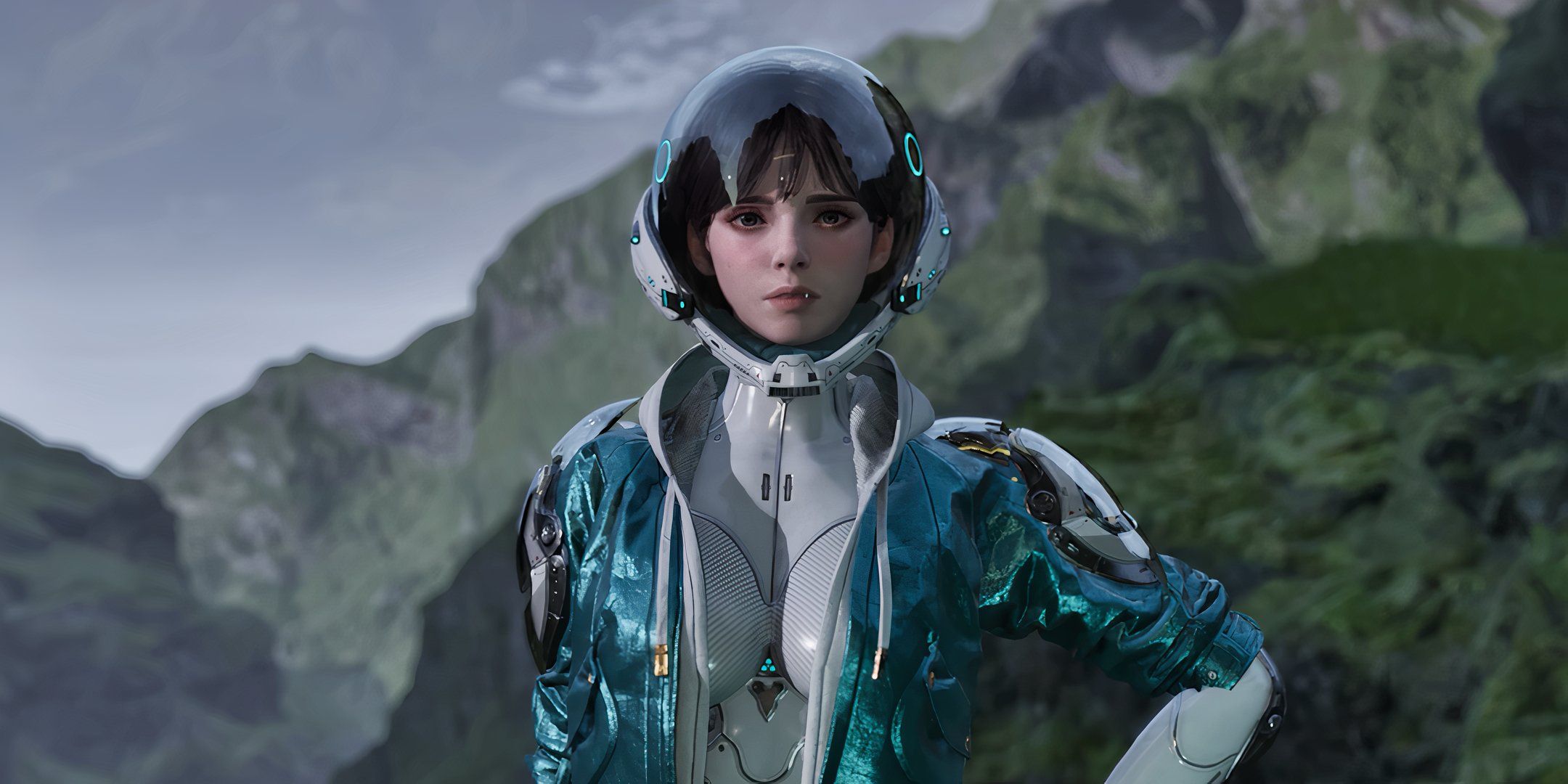 First Descendant Character looking at the screen in front of a green backdrop.