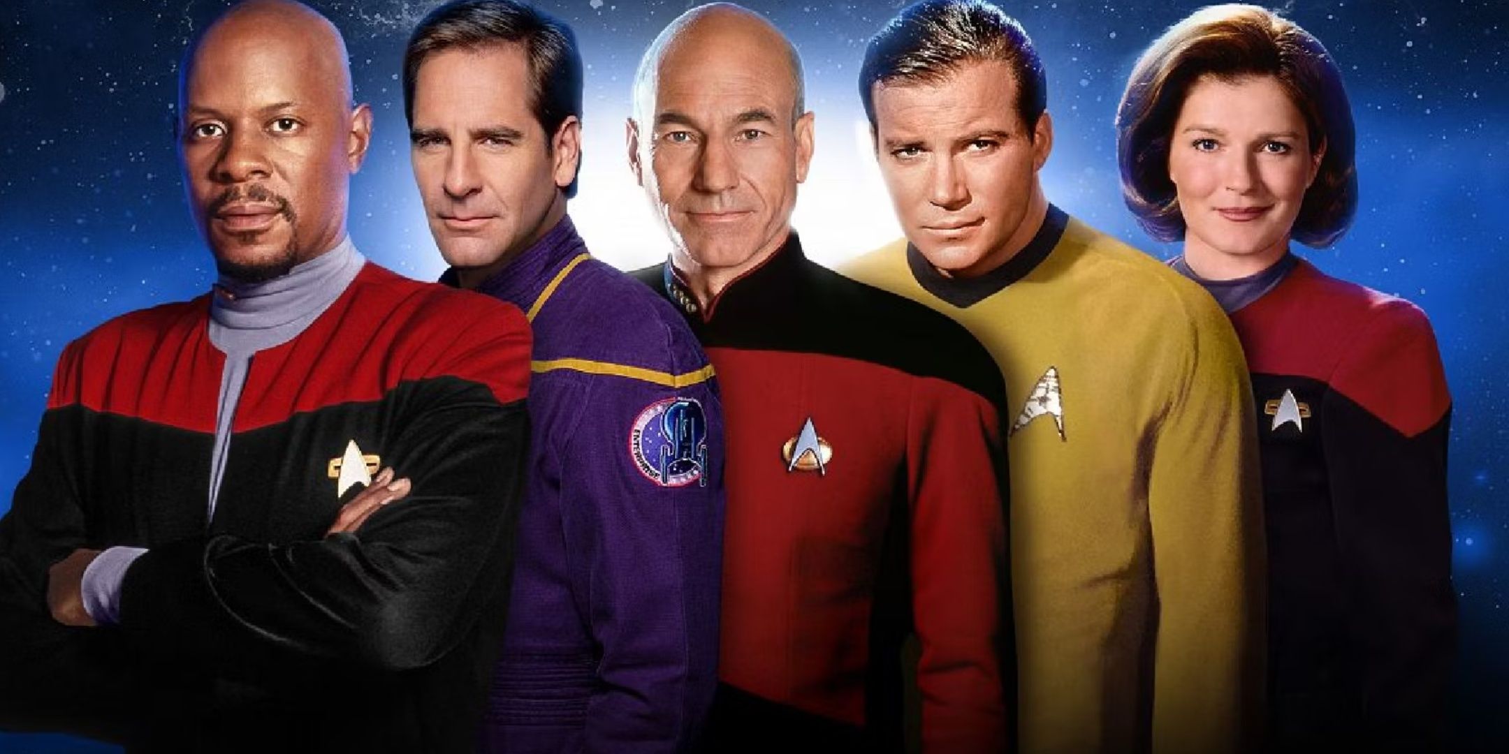 Five Star Trek Captains standing against a starry backdrop. From left to right - Captain Sisko, Captain Archer, Captain Picard, Captain Kirk and Captain Janeway.