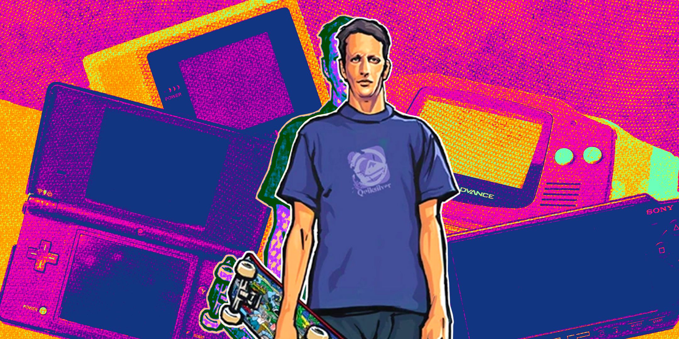 Tony Hawk in American Sk8land with a bunch of handheld consoles in the background