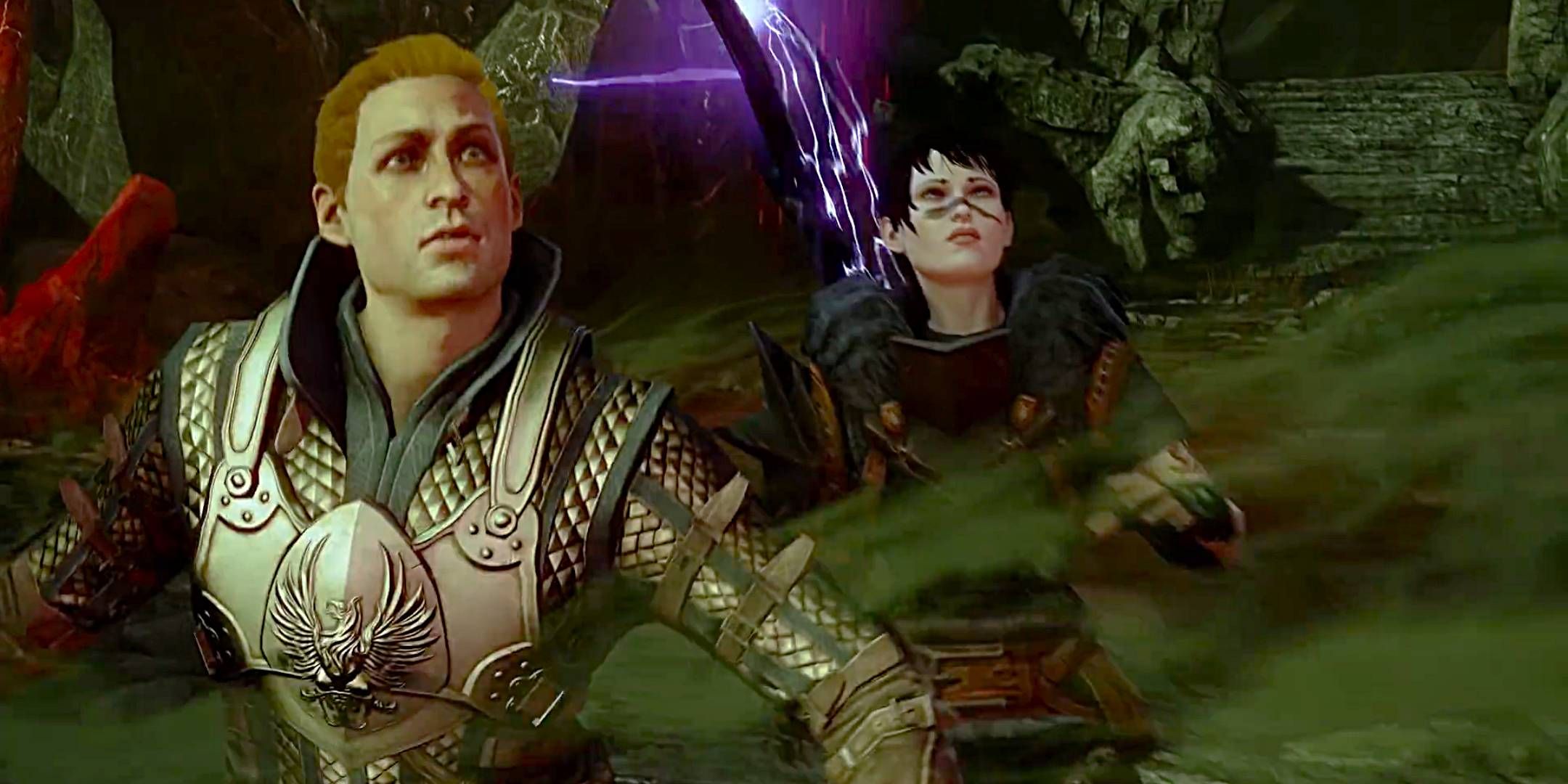 Hawke and Alistair looking up in shock at the Nightmare in the fade in Dragon Age: Inquisition